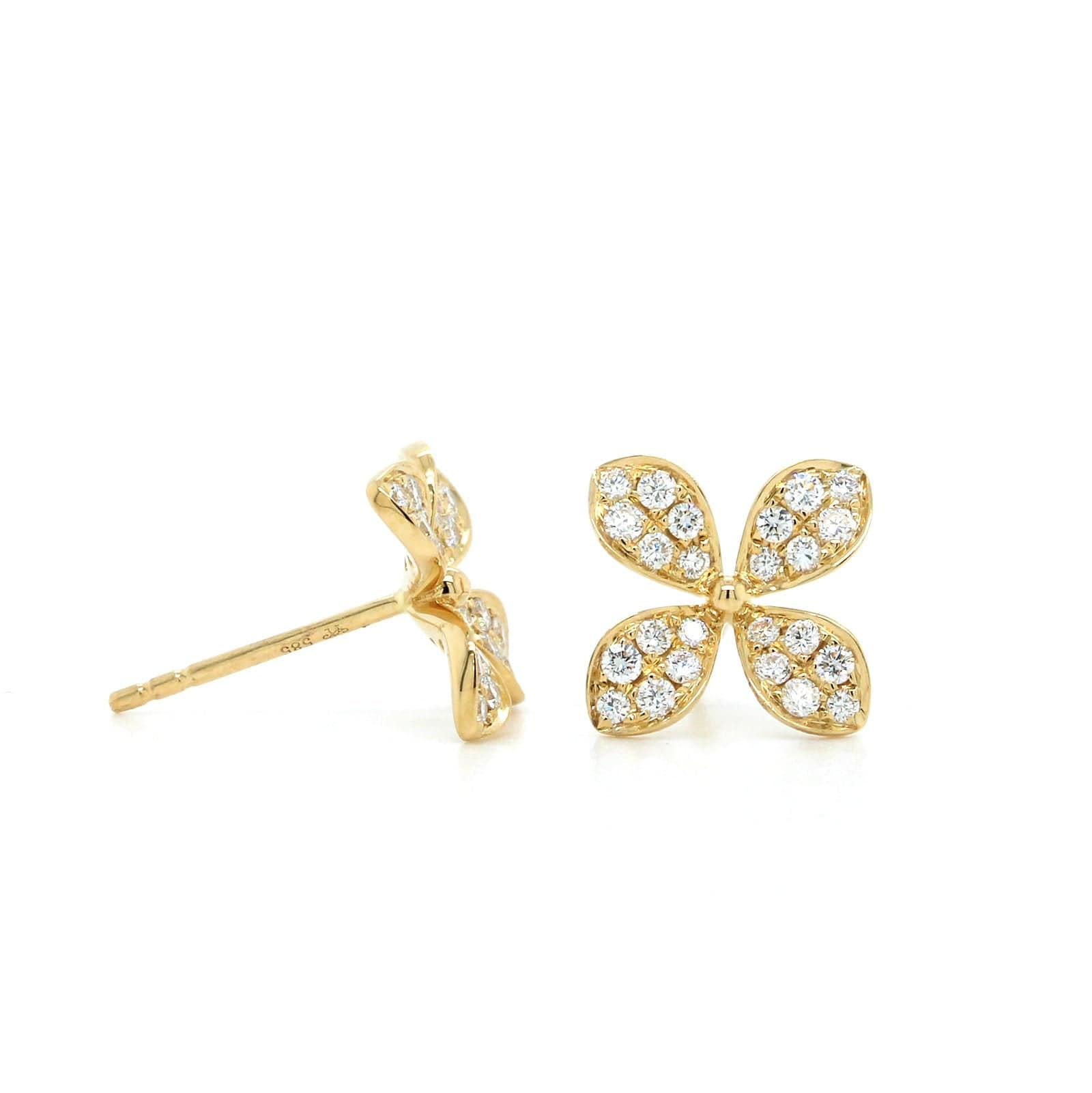 14K Yellow Gold Pave Flower Diamond Stud Earrings