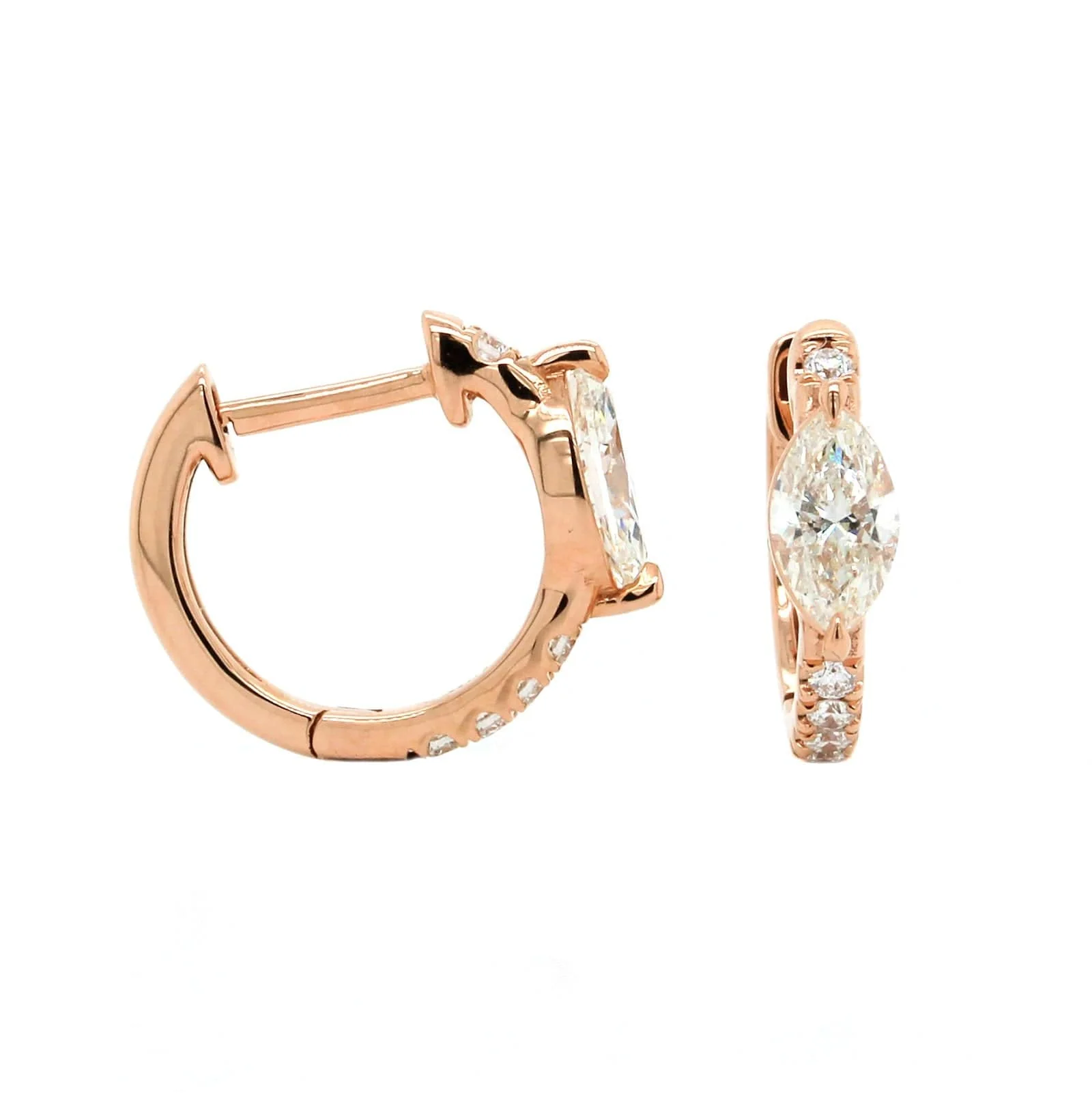 18K Rose Gold Marquise Diamond Huggie Earrings - Image 3