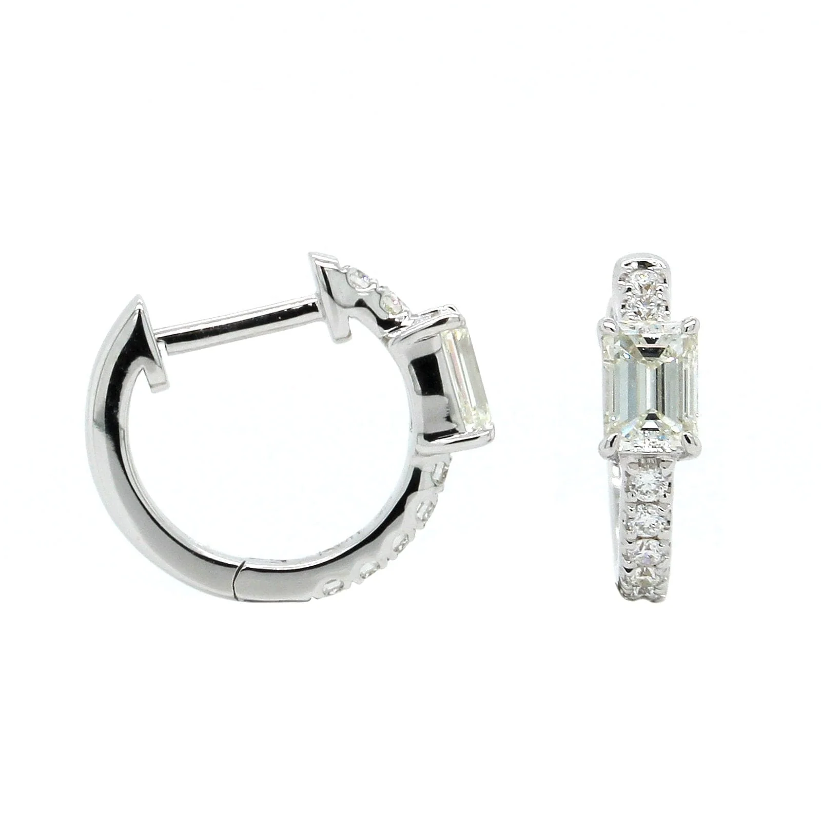 18K White Gold Emerald Cut Diamond Huggie Earrings - Image 3