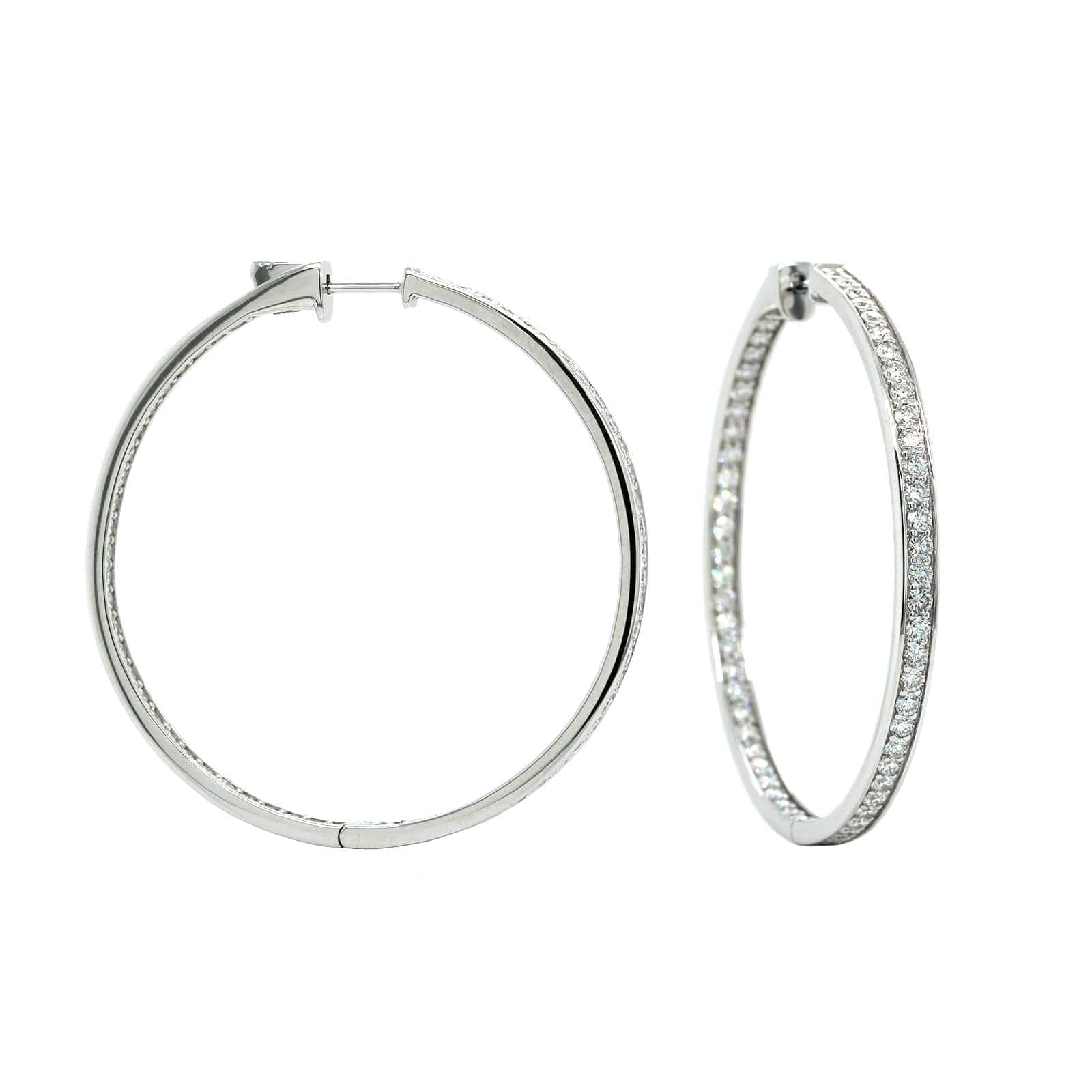 18K White Gold Inside Outside Bead Set Diamond Hoop Earrings