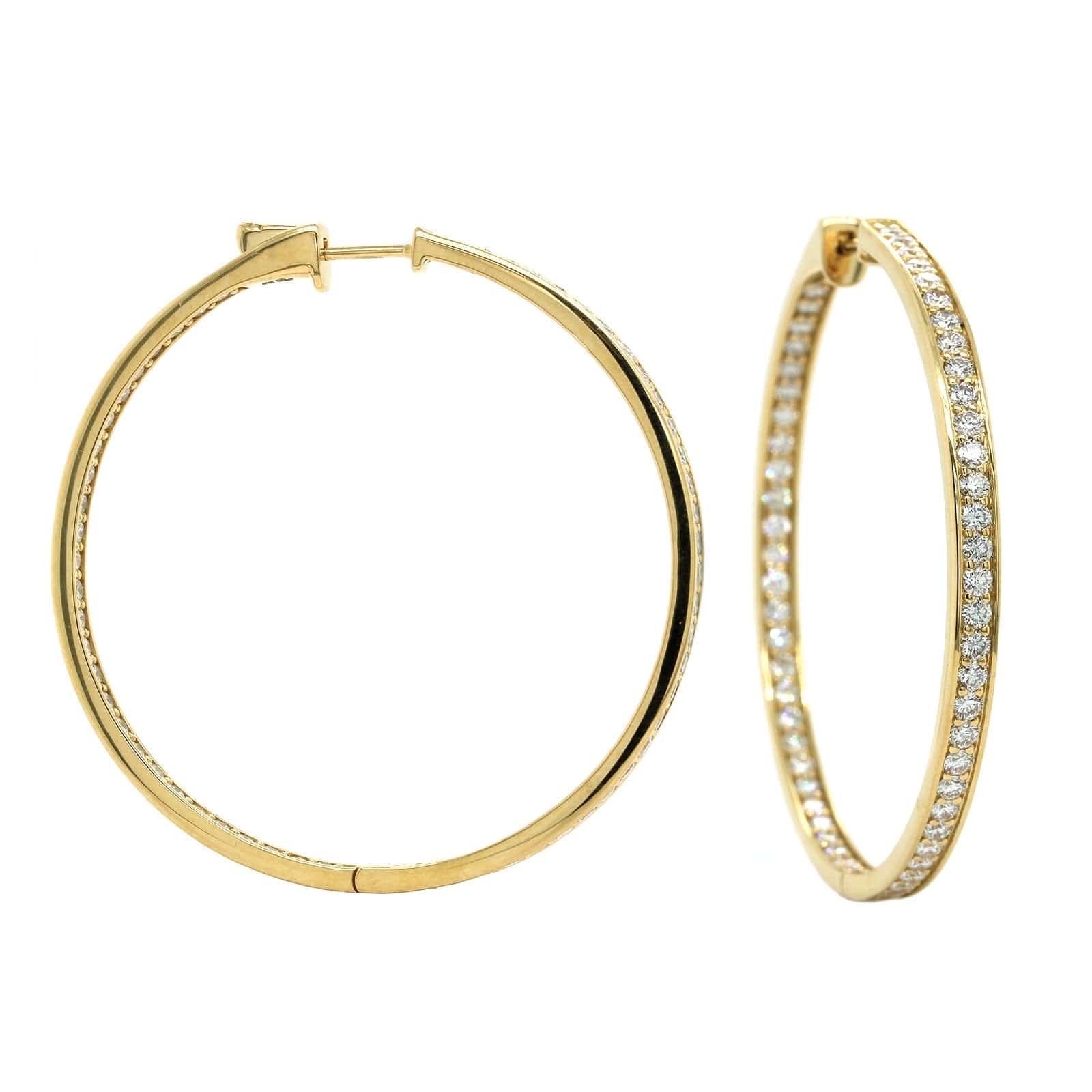 18K Yellow Gold Inside Outside Bead Set Diamond Hoop Earrings - Image 3