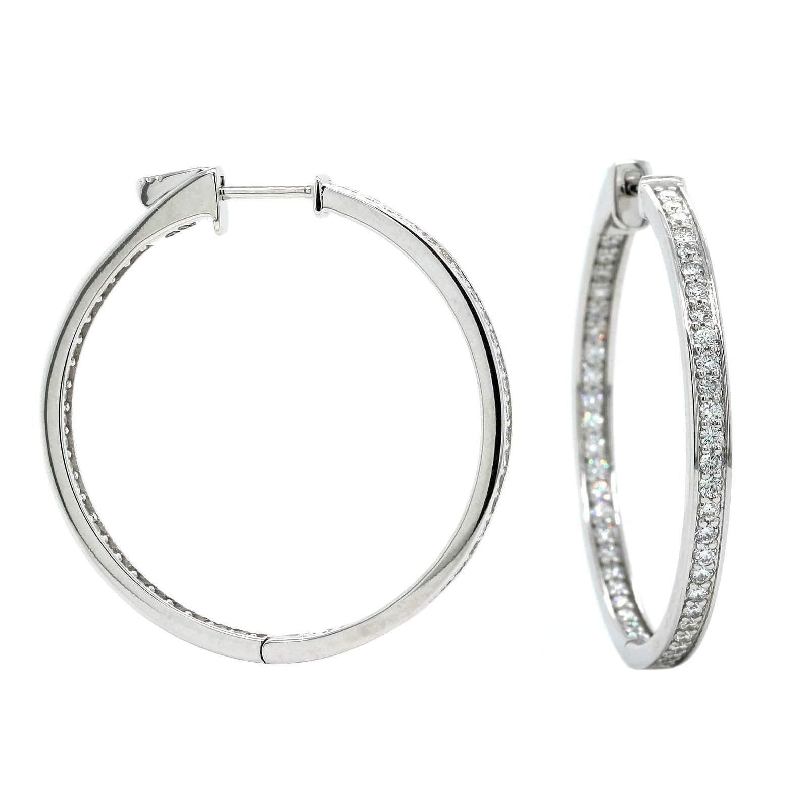 18K White Gold Inside Outside Bead Set Diamond Hoop Earrings - Image 3