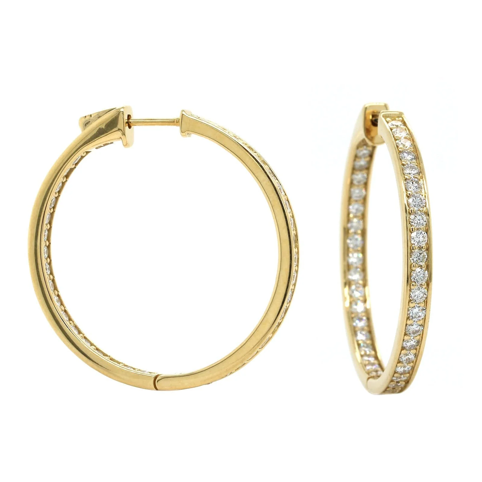18K Yellow Gold Inside Outside Bead Set Diamond Hoop Earrings - Image 3