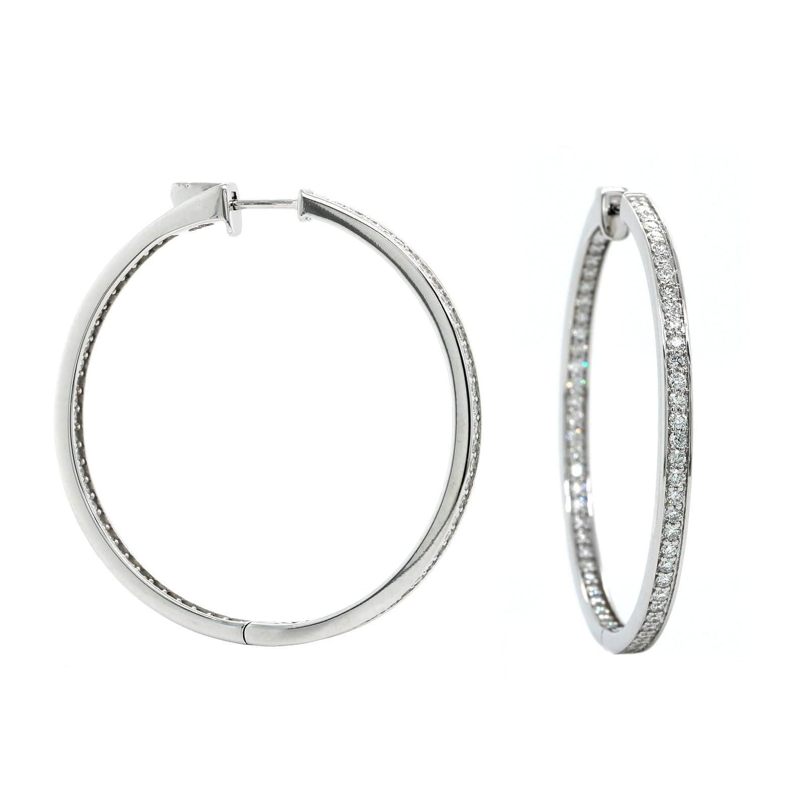 18K White Gold Inside Outside Bead Set Diamond Hoop Earrings - Image 3