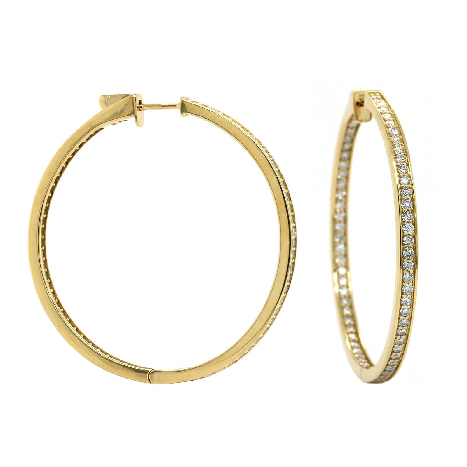 18K Yellow Gold Inside Outside Bead Set Diamond Hoop Earrings - Image 3