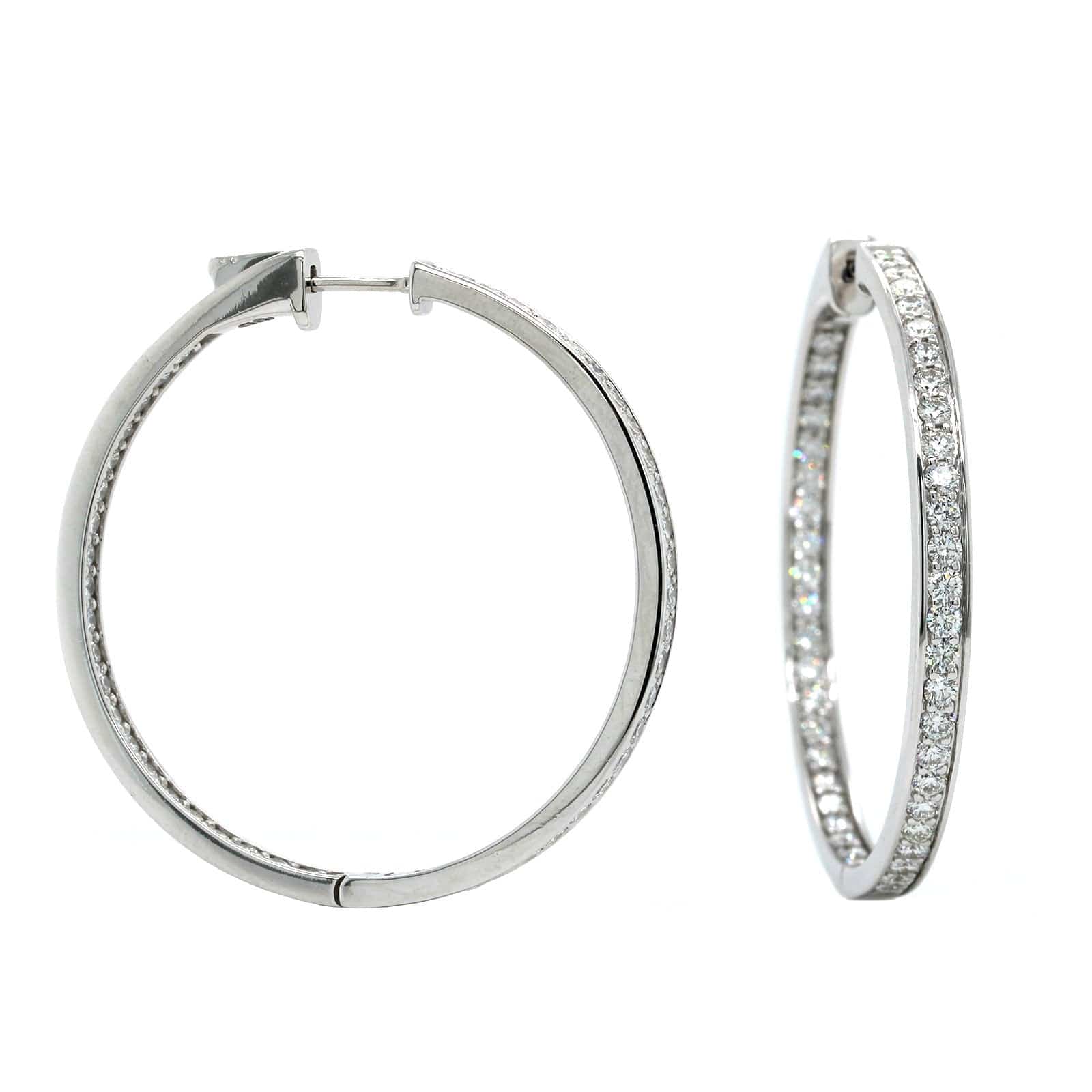 18K White Gold Inside Outside Bead Set Diamond Hoop Earrings - Image 3