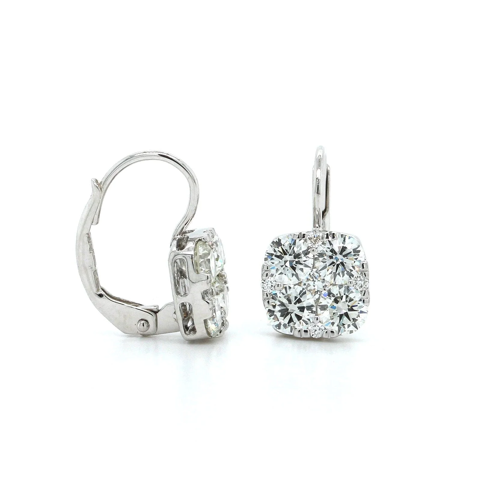 18K White Gold Diamond Cluster Drop Earrings