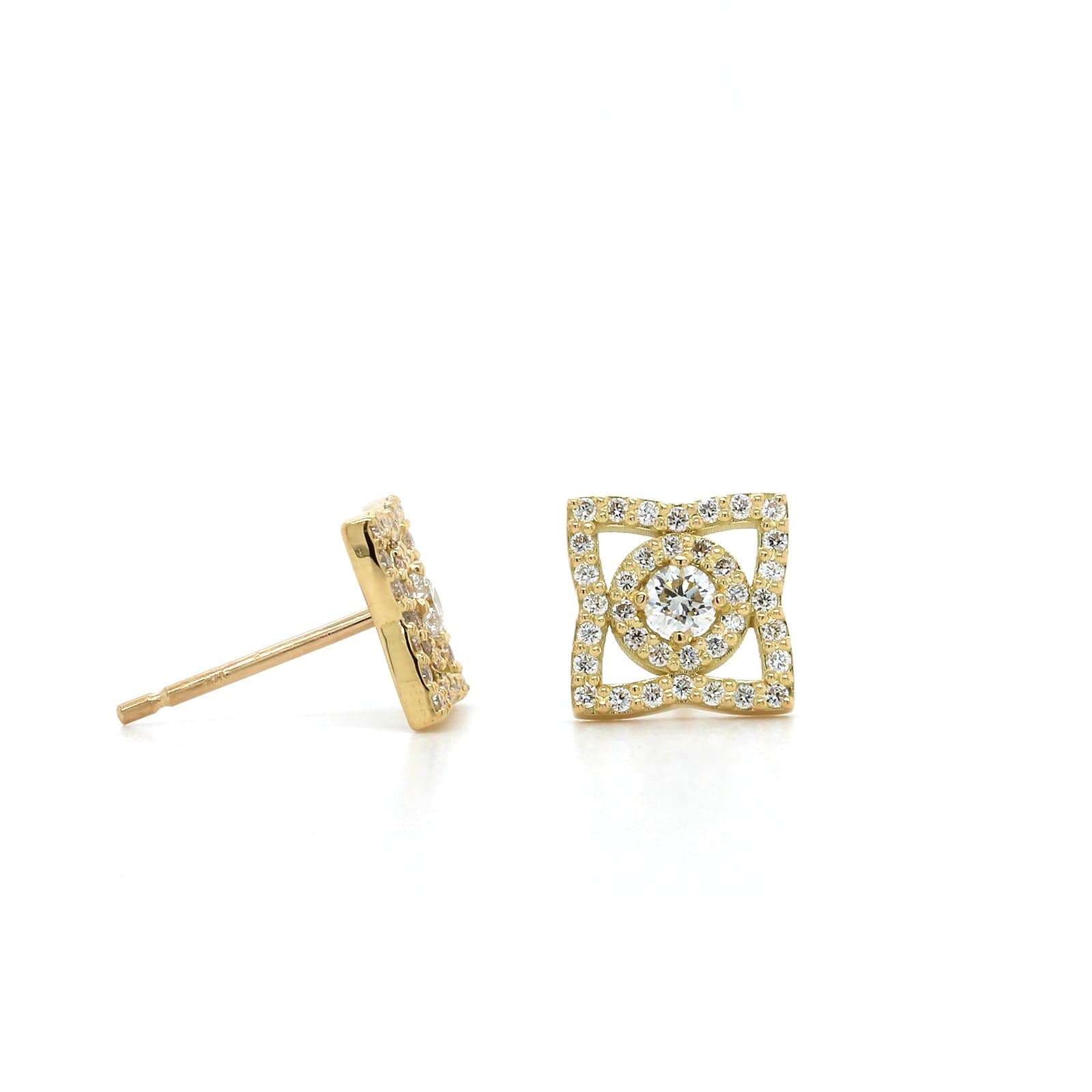 18K Yellow Gold Four Point Flower Diamond Stud Earrings