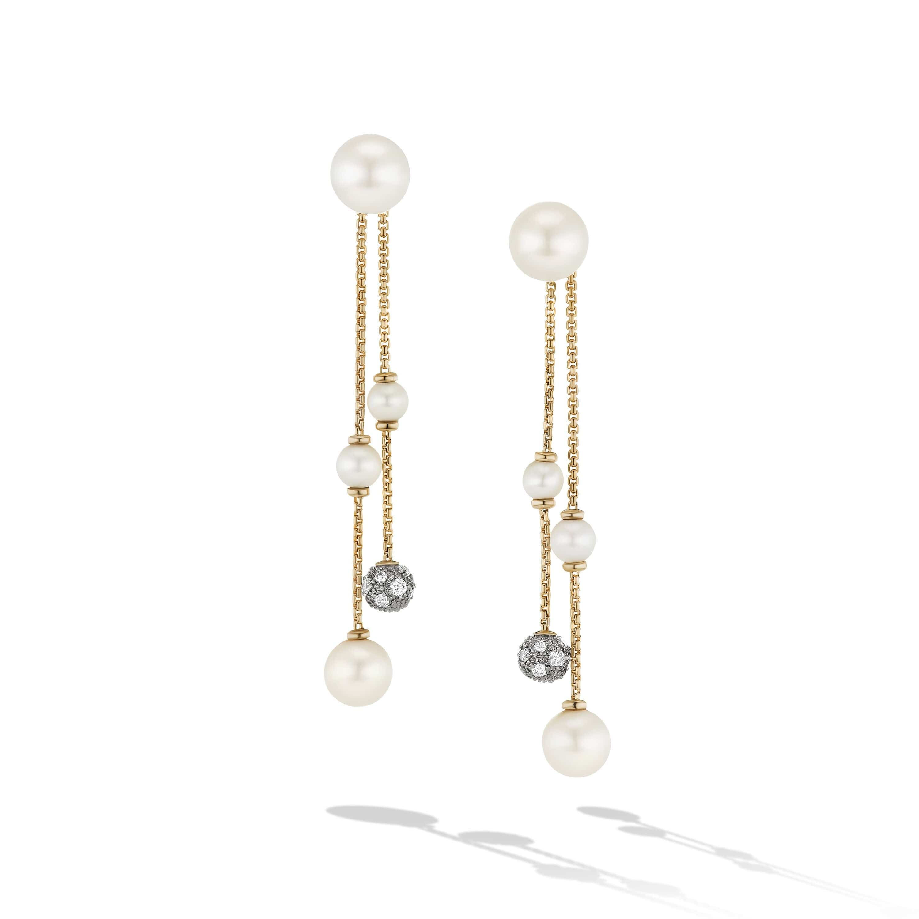 Pearl and Pavé Two Row Drop Earrings in 18K Yellow Gold with Diamonds