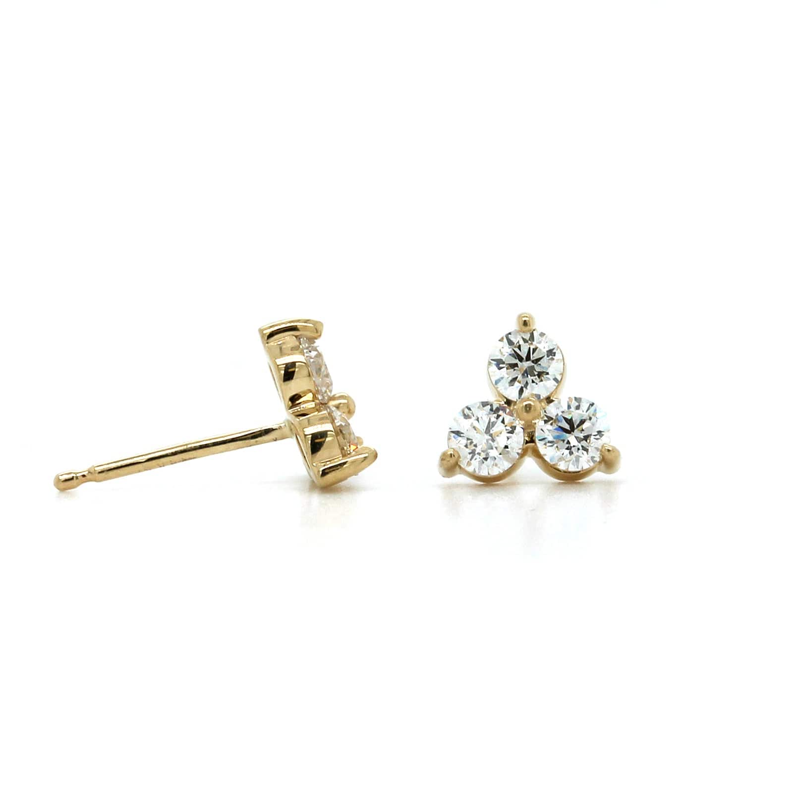 14K Yellow Gold Three Stone Diamond Cluster Stud Earrings - Image 3