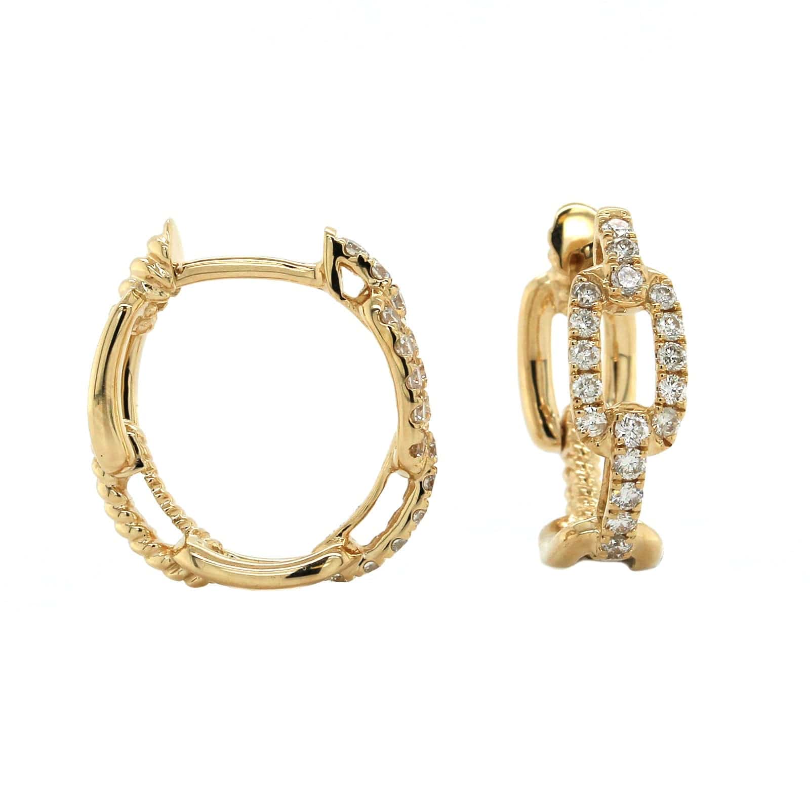 14K Yellow Gold Link Design Diamond Huggie Earrings