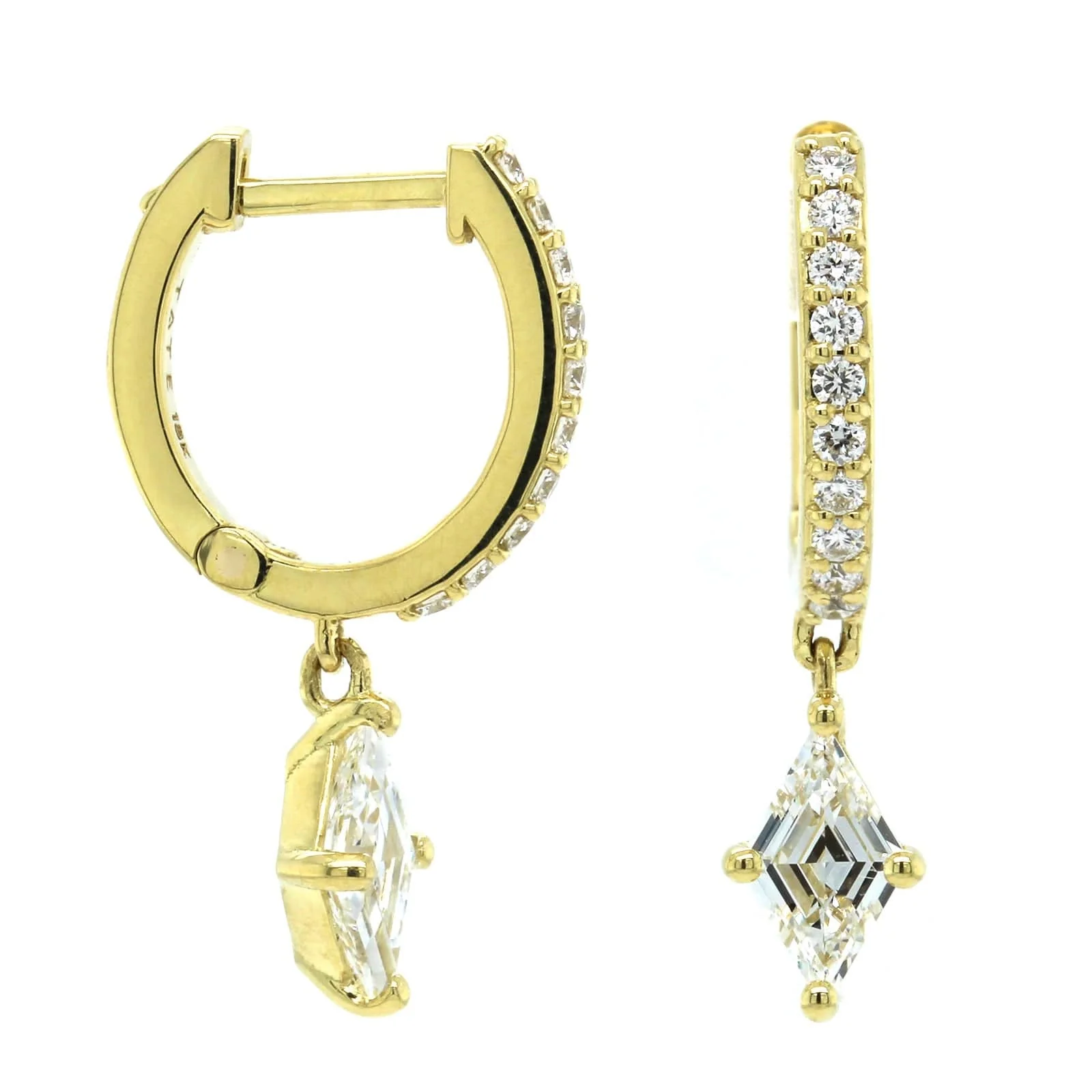 18K Yellow Gold Lozenge Diamond Drop Huggie Earrings