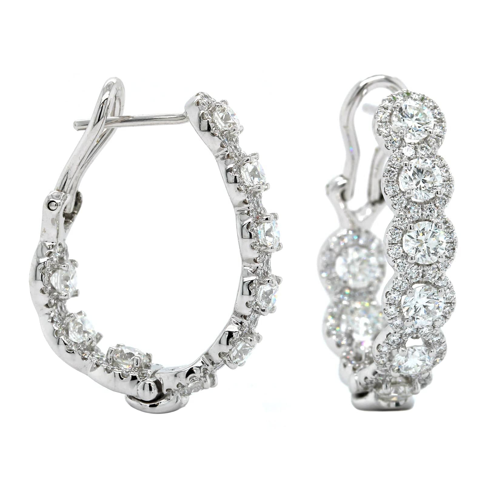 18K White Gold Diamond Halo Hoop Earrings