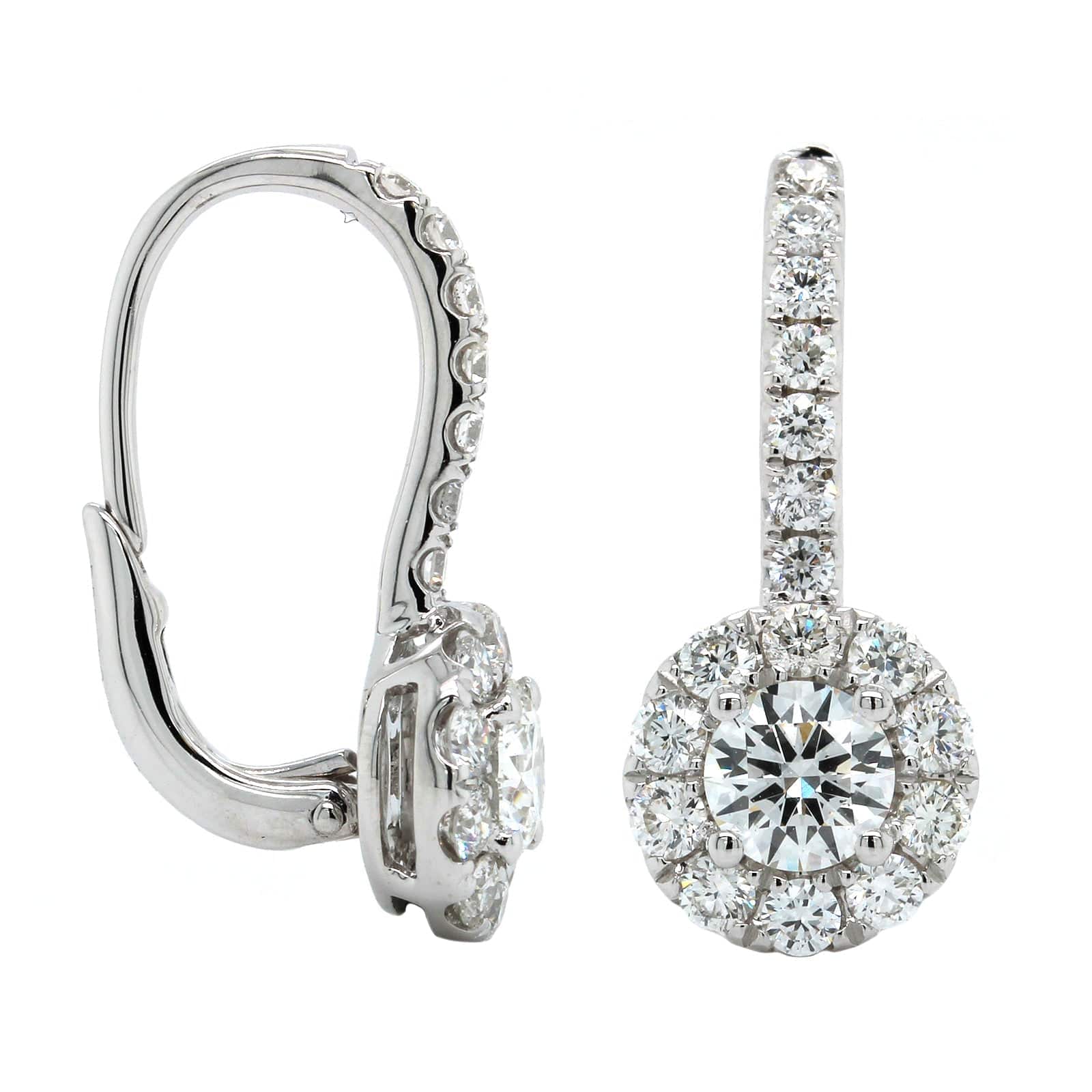 14K White Gold Diamond Halo Drop Earrings