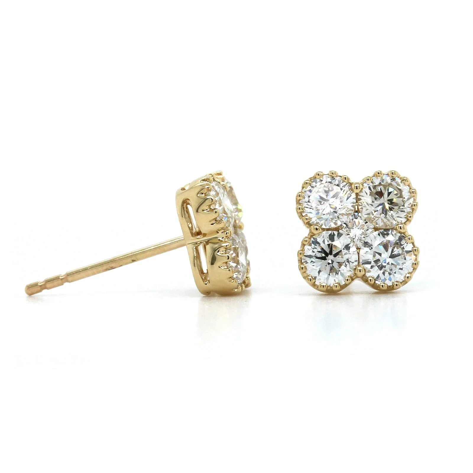 14K Yellow Gold Clover Diamond Stud Earrings - Image 3