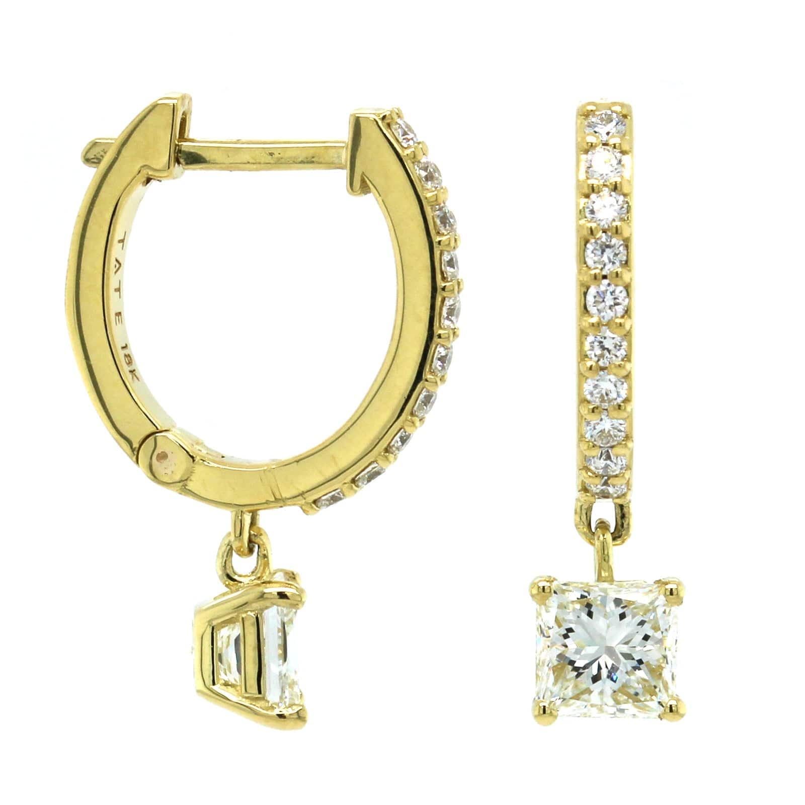 18K Yellow Gold Princess Cut Diamond Drop Earrings - Image 3