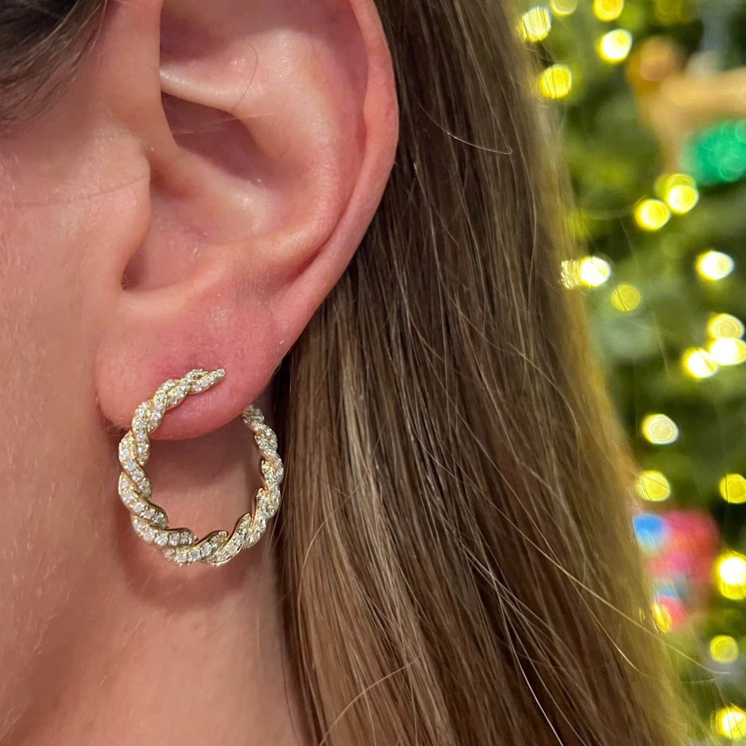 14K Yellow Gold Diamond Twist Hoop Earrings - Image 2
