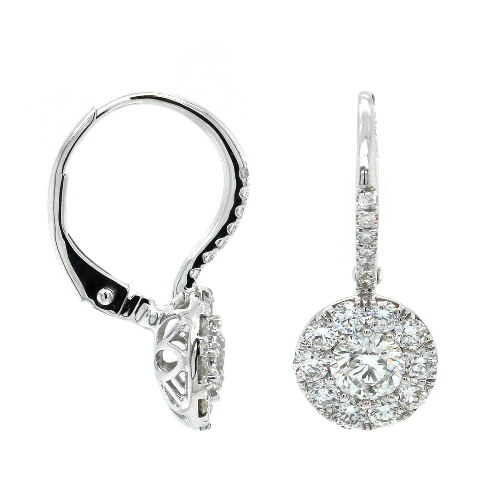 14K White Gold Diamond Halo Drop Earrings - Image 3