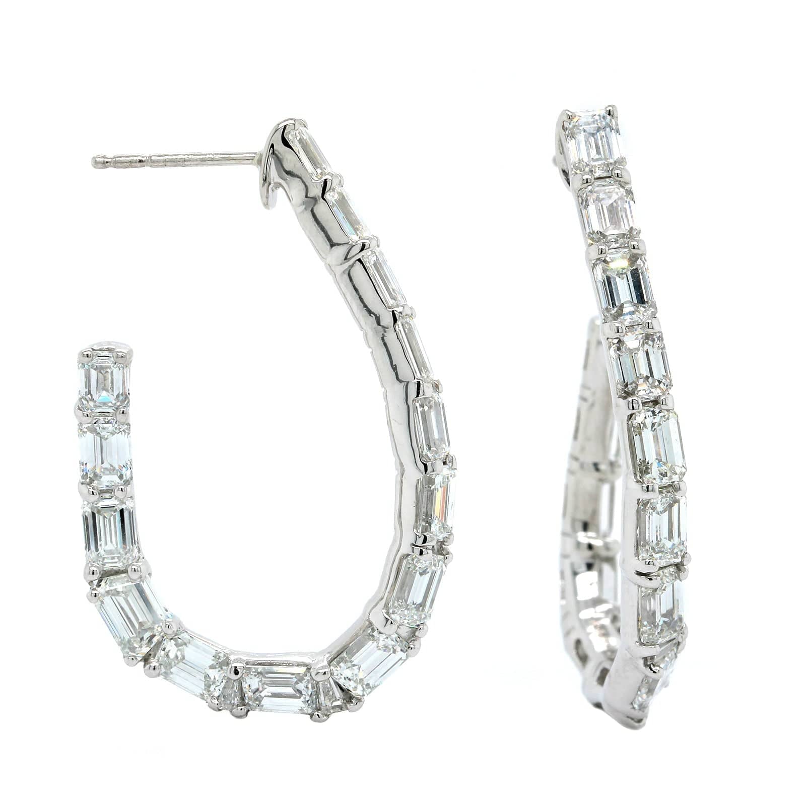 Platinum Emerald Cut Diamond Hoop Earrings - Image 3