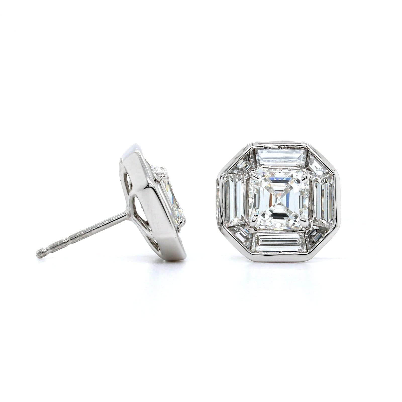 Platinum Emerald Diamond Vintage Style Stud Earrings - Image 3