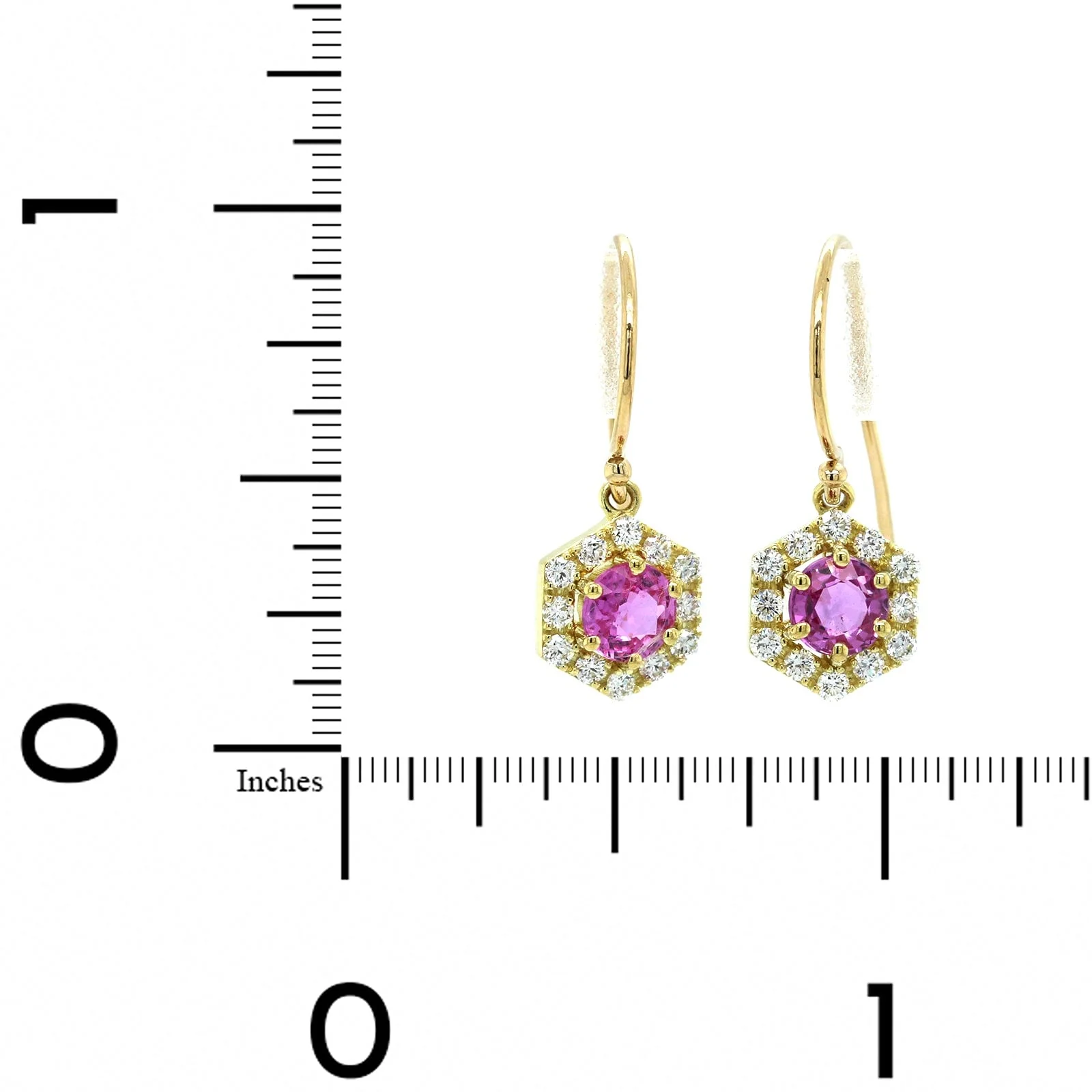 18K Yellow Gold Pink Sapphire Diamond Halo Drop Earrings - Image 2