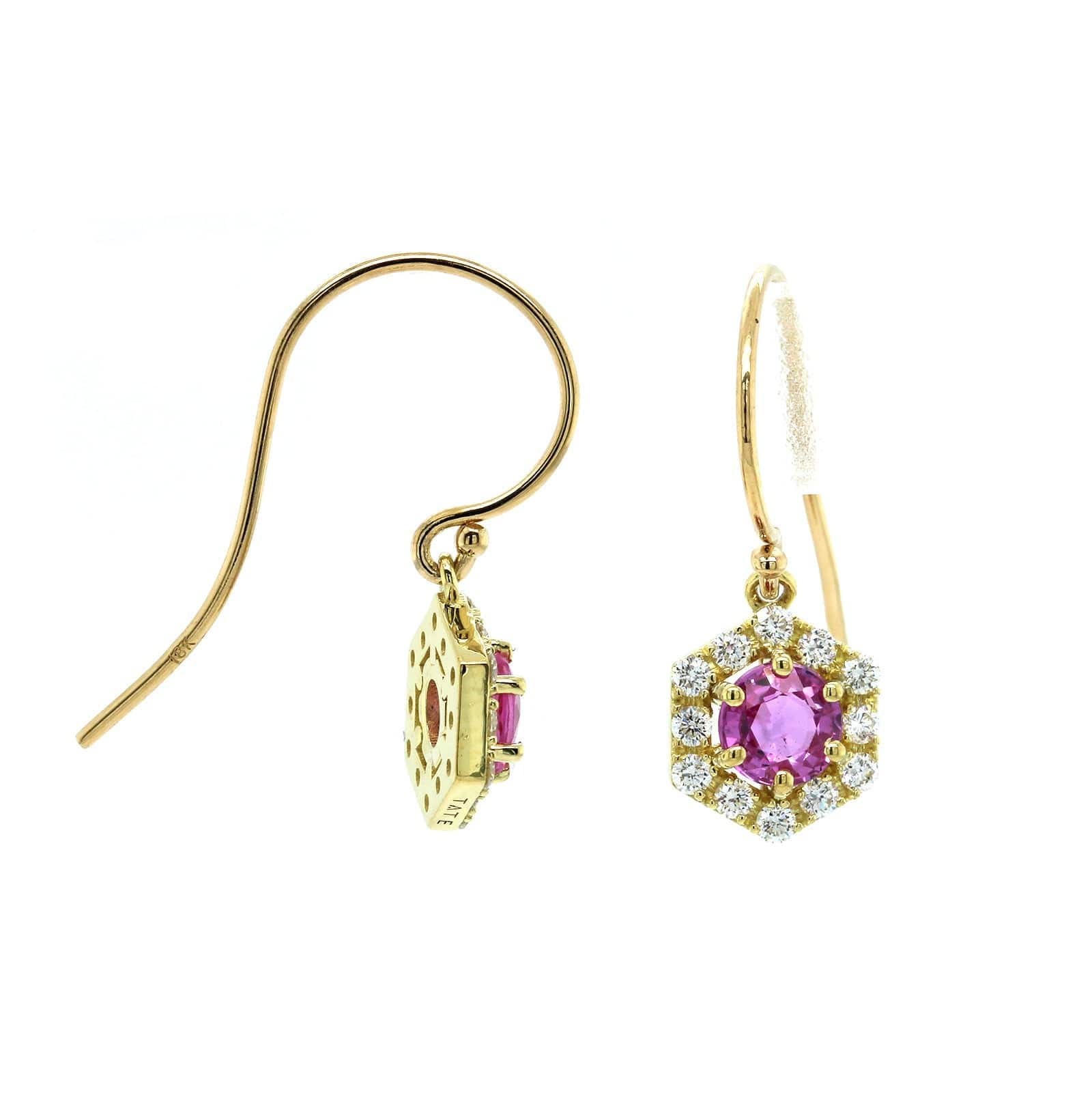 18K Yellow Gold Pink Sapphire Diamond Halo Drop Earrings - Image 3