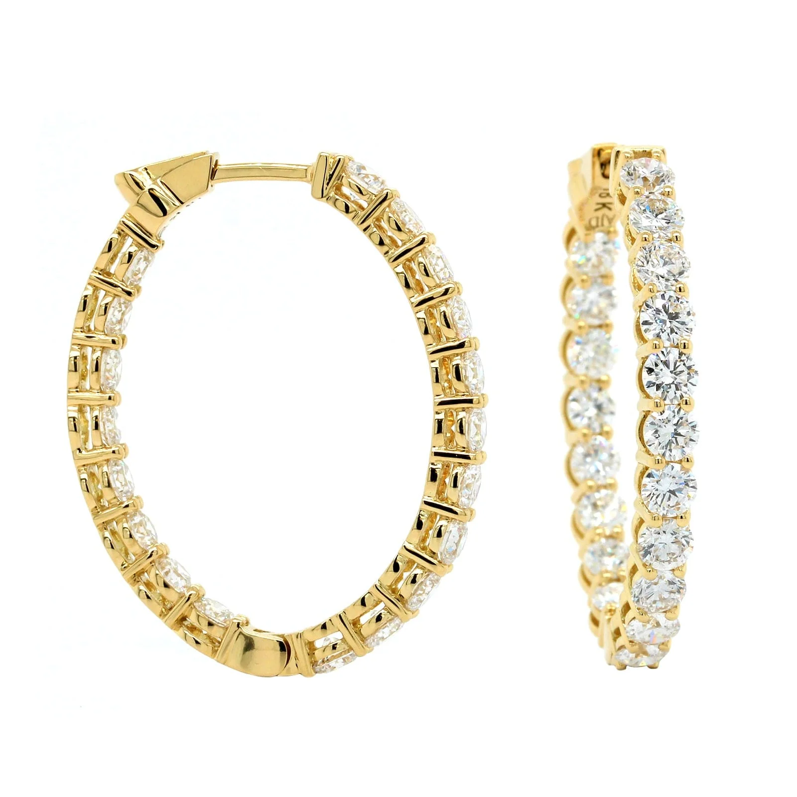 18K Yellow Gold Diamond Oval Shape Hoop Earrings - Image 3