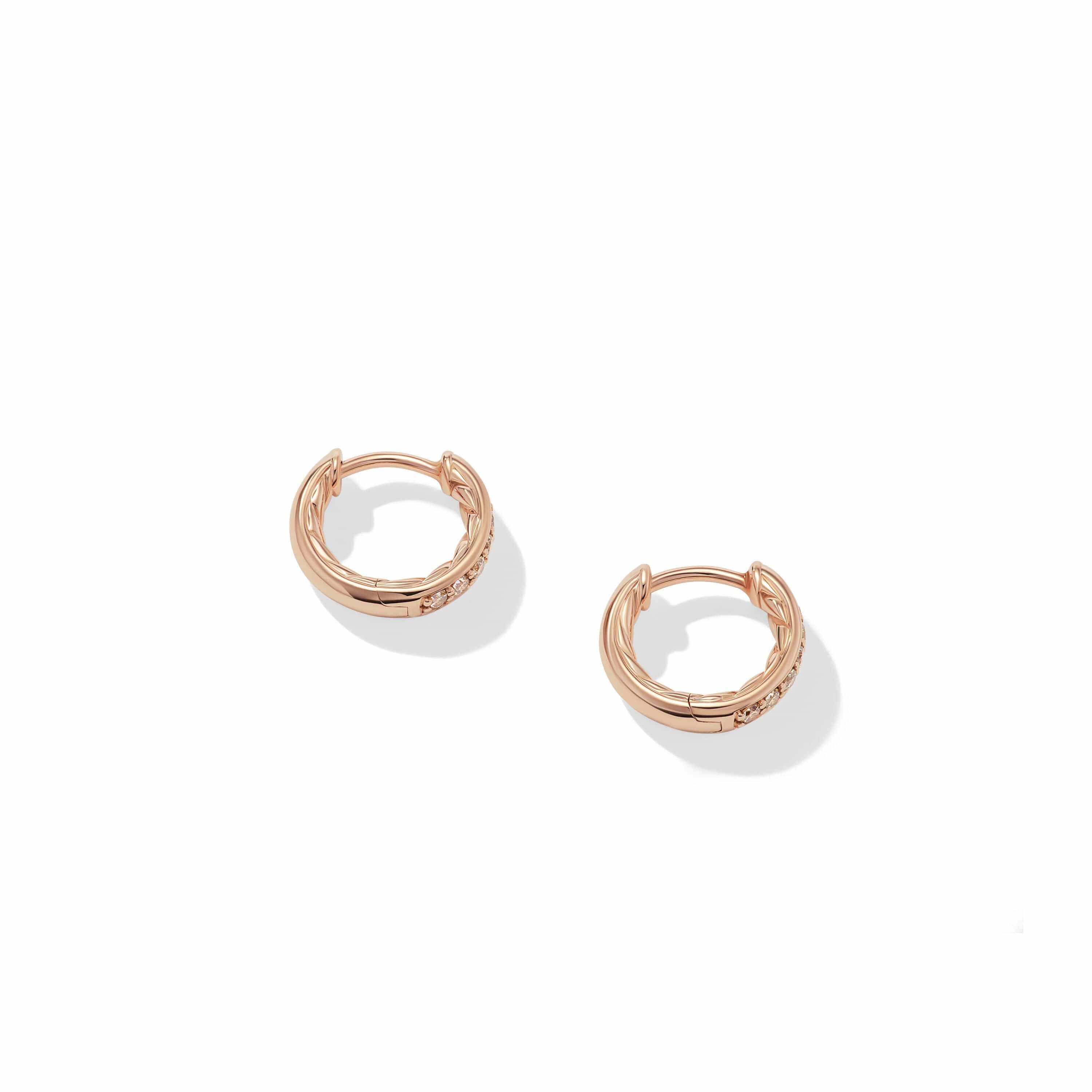 Petite Pavé Huggie Hoop Earrings in 18K Rose Gold with Cognac Diamonds, 12mm - Image 2