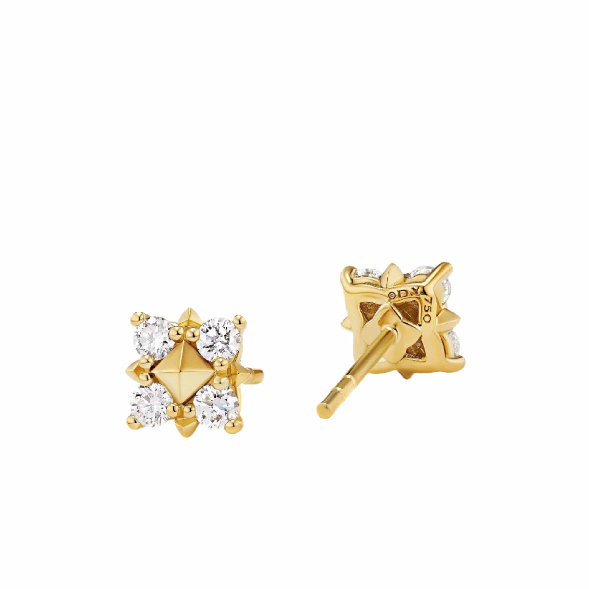 Petite Modern Renaissance Pyramid Stud Earrings 18K Yellow Gold with Diamonds, 8mm - Image 2