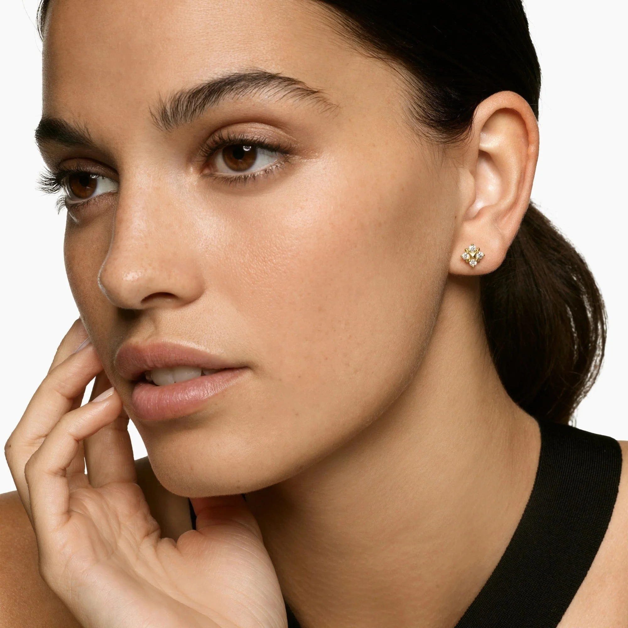 Petite Modern Renaissance Pyramid Stud Earrings 18K Yellow Gold with Diamonds, 8mm - Image 3