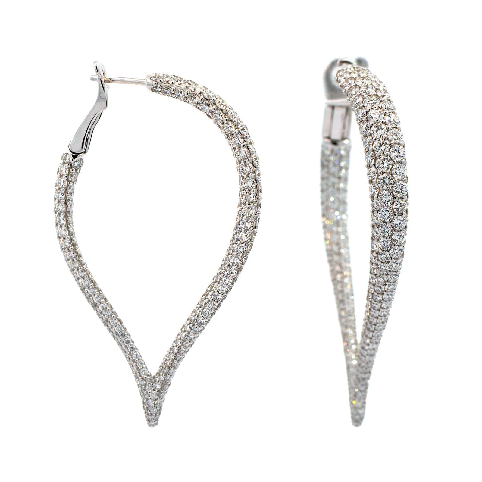 18K White Gold V Shaped Pave Diamond Hoops - Image 3