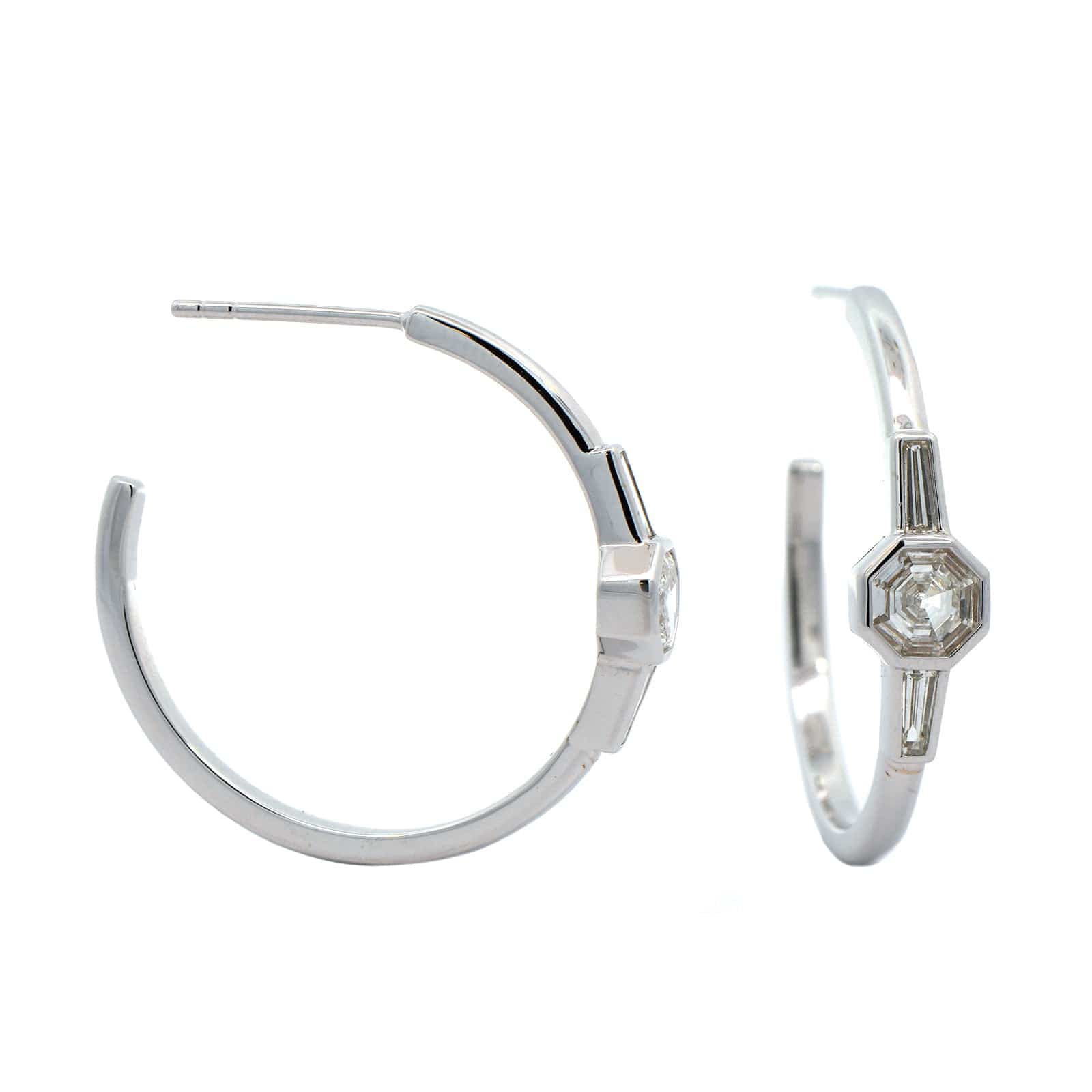 18K White Gold Bezel Set Diamond Hoop Earrings - Image 3
