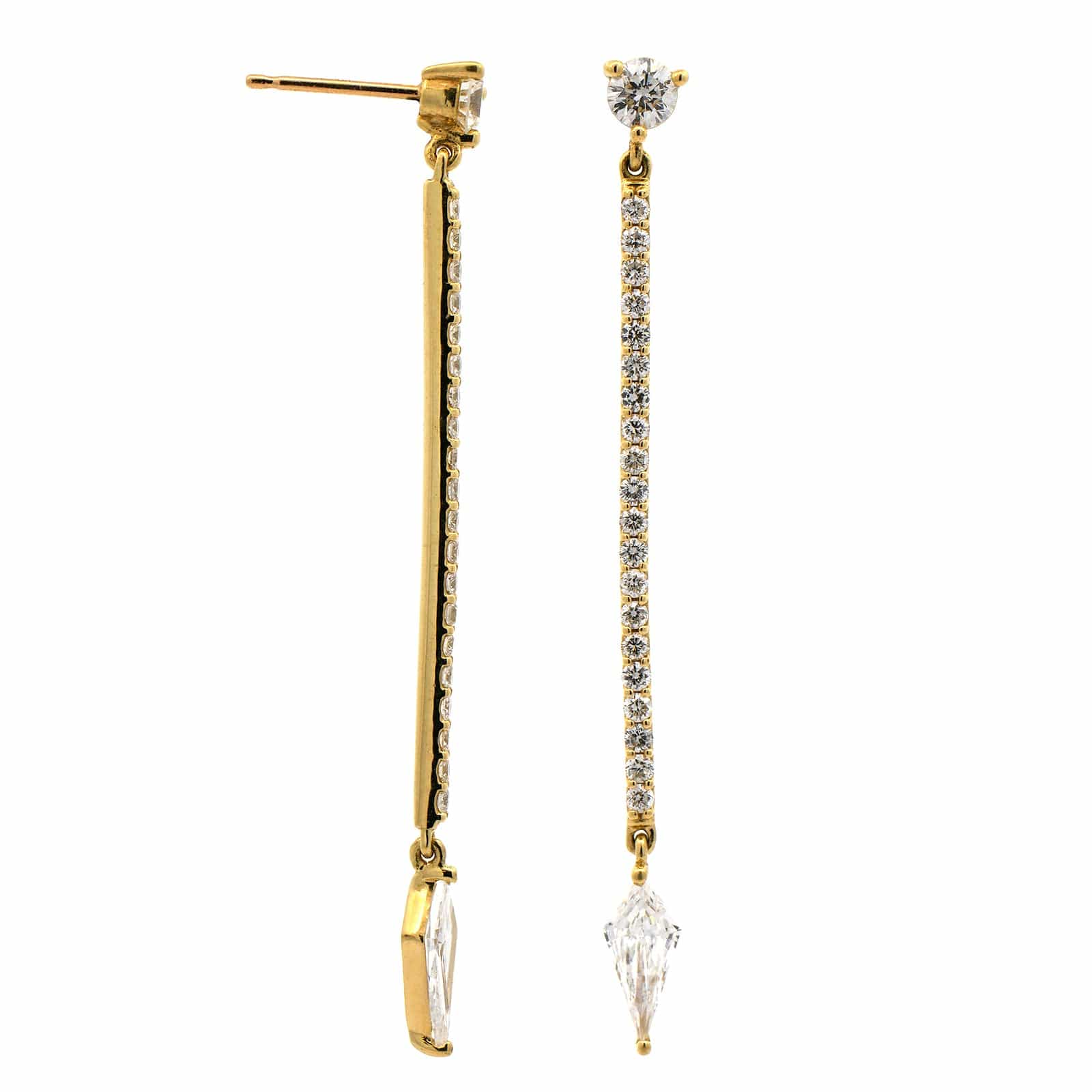 18K Yellow Gold Diamond Dangle Stick Earrings - Image 3