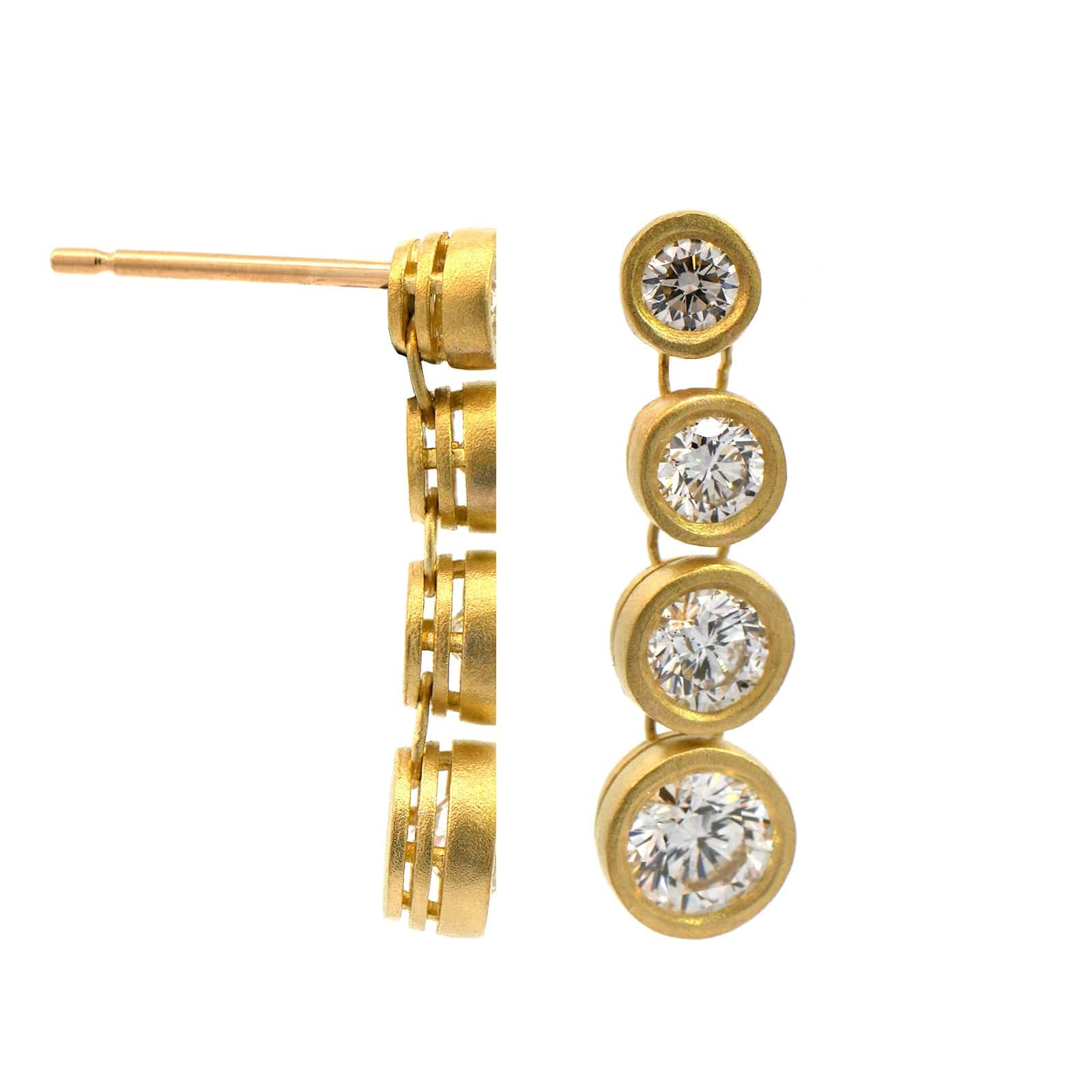18K Yellow Gold Graduating Bezel Set Diamond Dangle Earrings - Image 3