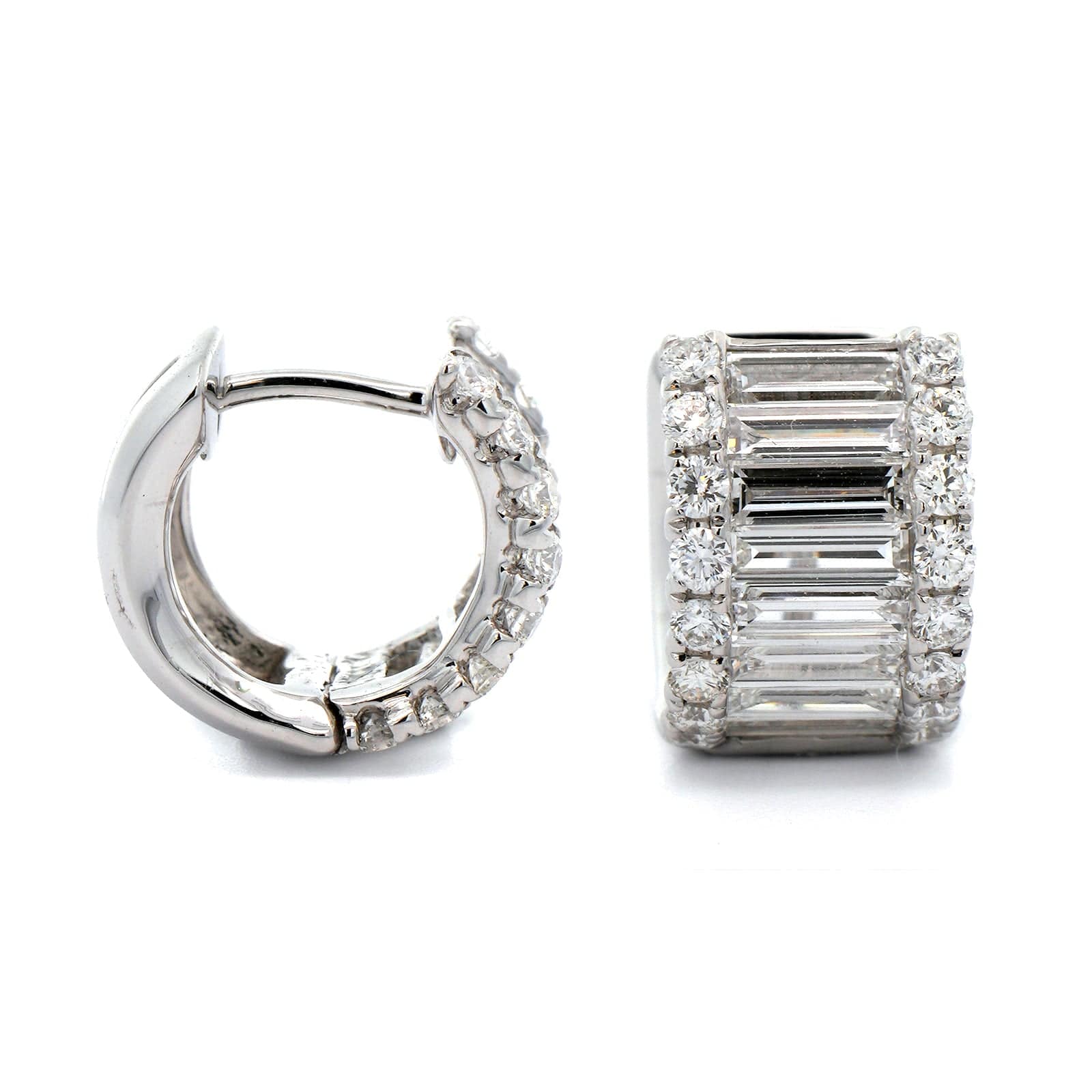 18K White Gold Baguette and Round Diamond Huggie Earrings - Image 3