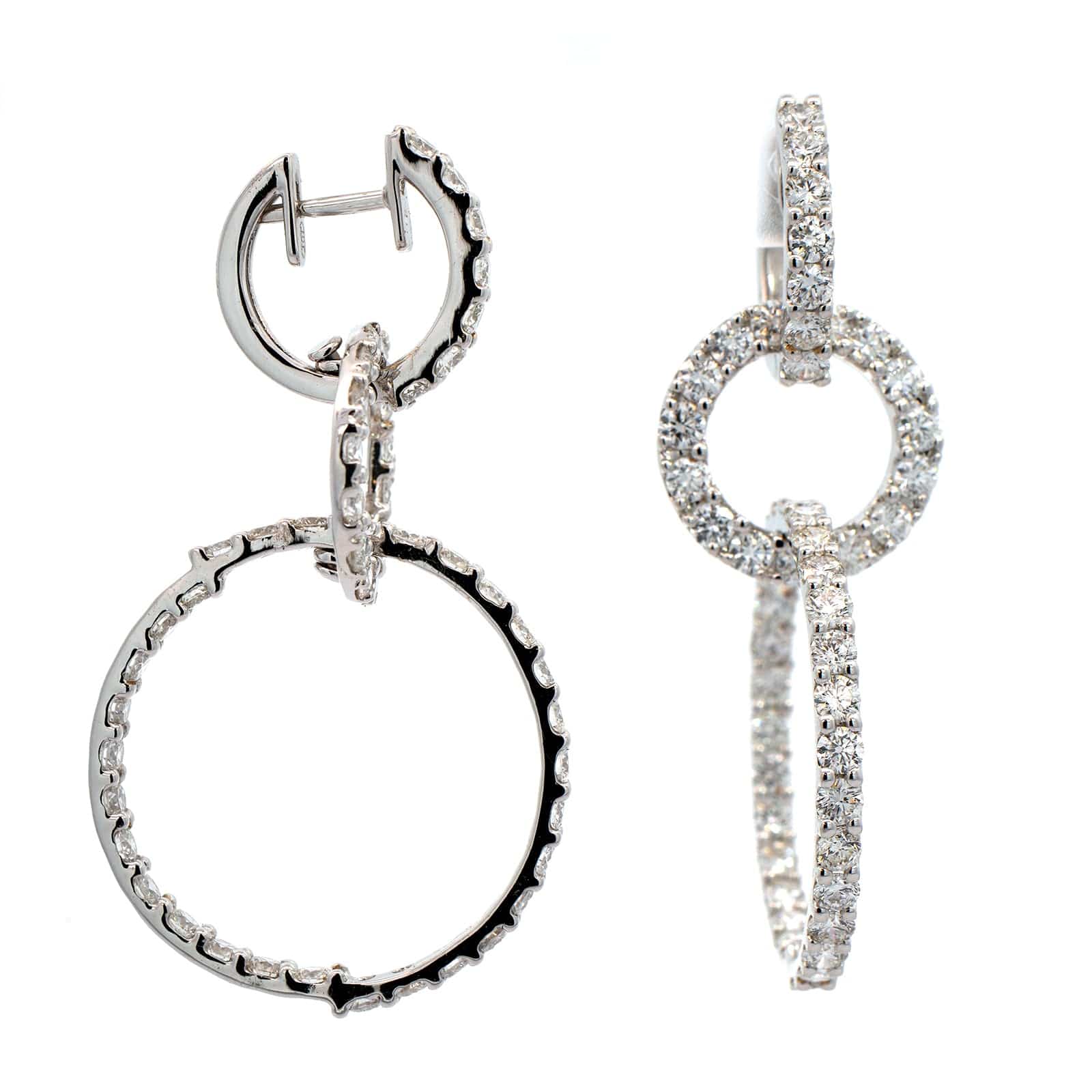 18K White Gold Round Diamond Dangle Hoop Earrings - Image 3