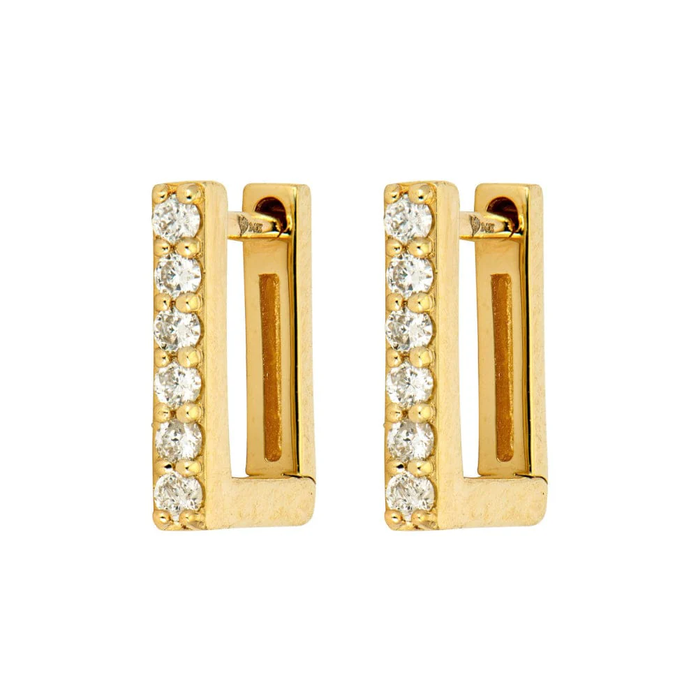 Three Stories 14K Yellow Gold Tiny Pave Diamond Rectangular Hoops
