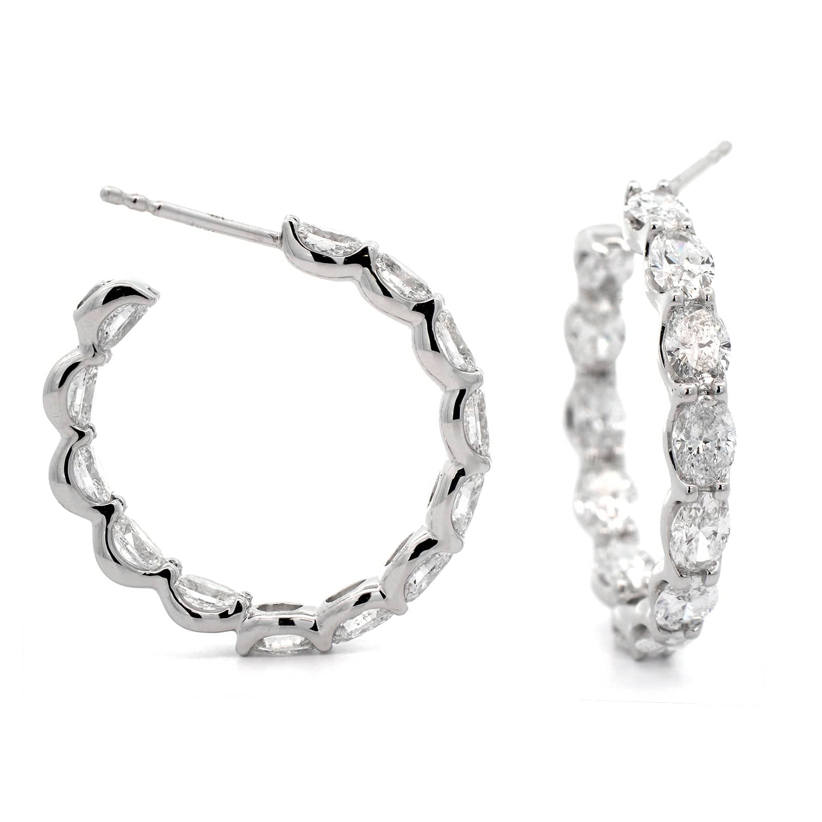18K White Gold Oval Diamond Hoop Earrings - Image 3