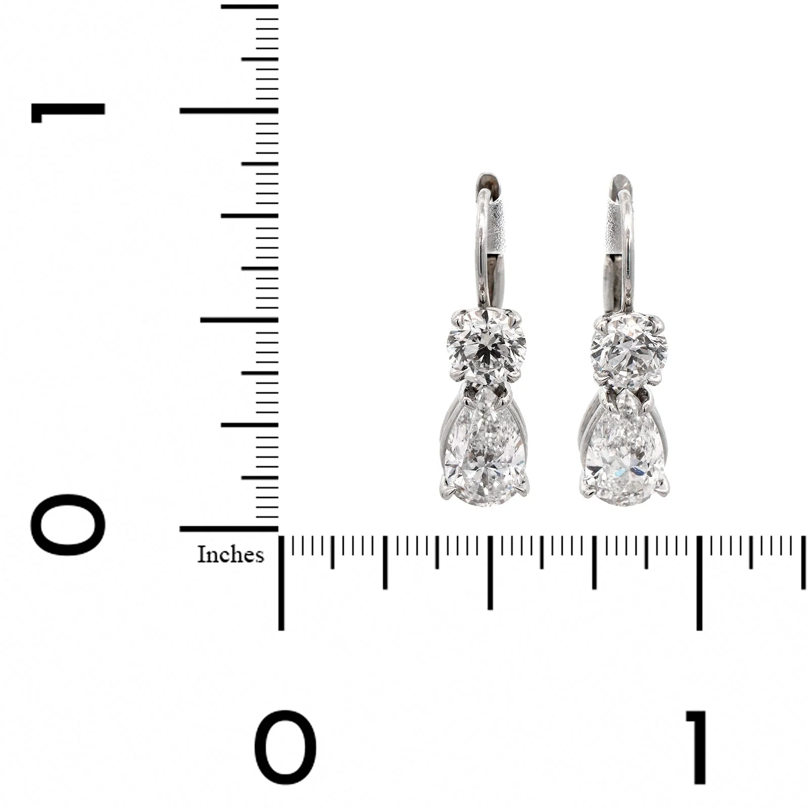Platinum 2 Stone Round and Pear Shaped Diamond Drop Earrings - Image 2