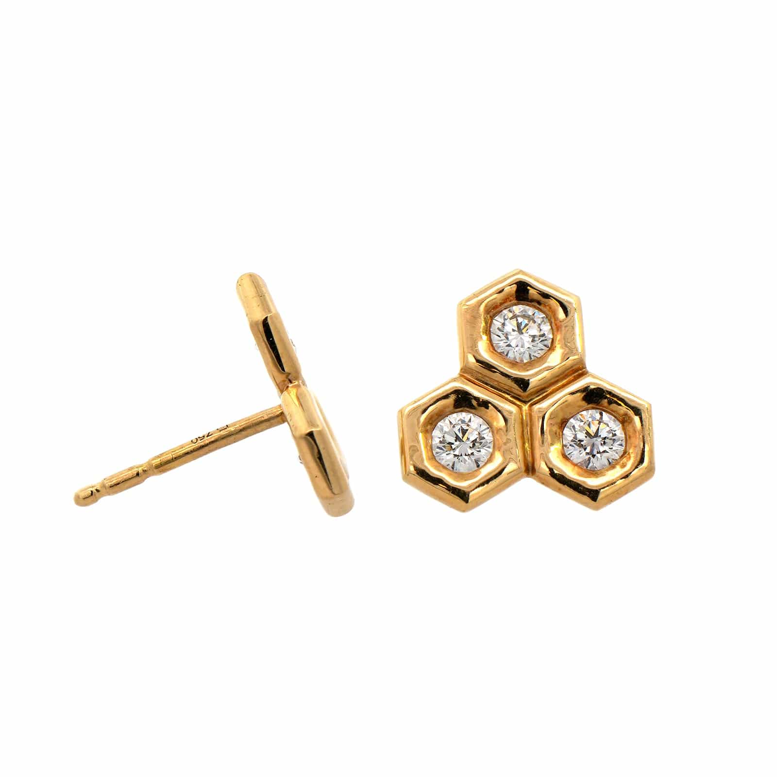 18K Yellow Gold Diamond Honeycomb Stud Earrings - Image 3