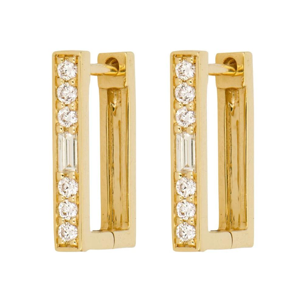 Three Stories 14K Yellow Gold Medium Pave Diamond Rectangular Hoops