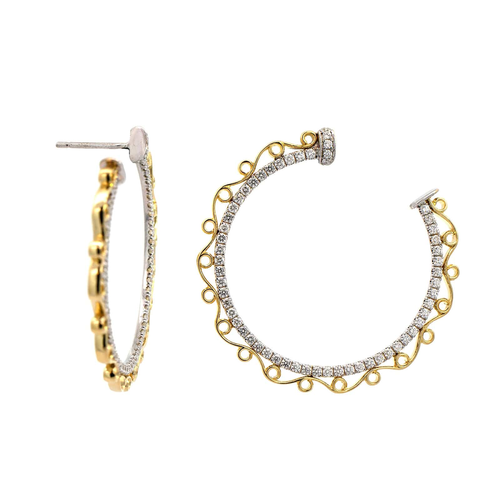 18K Two Tone Diamond Filigree Hoop Earrings - Image 3
