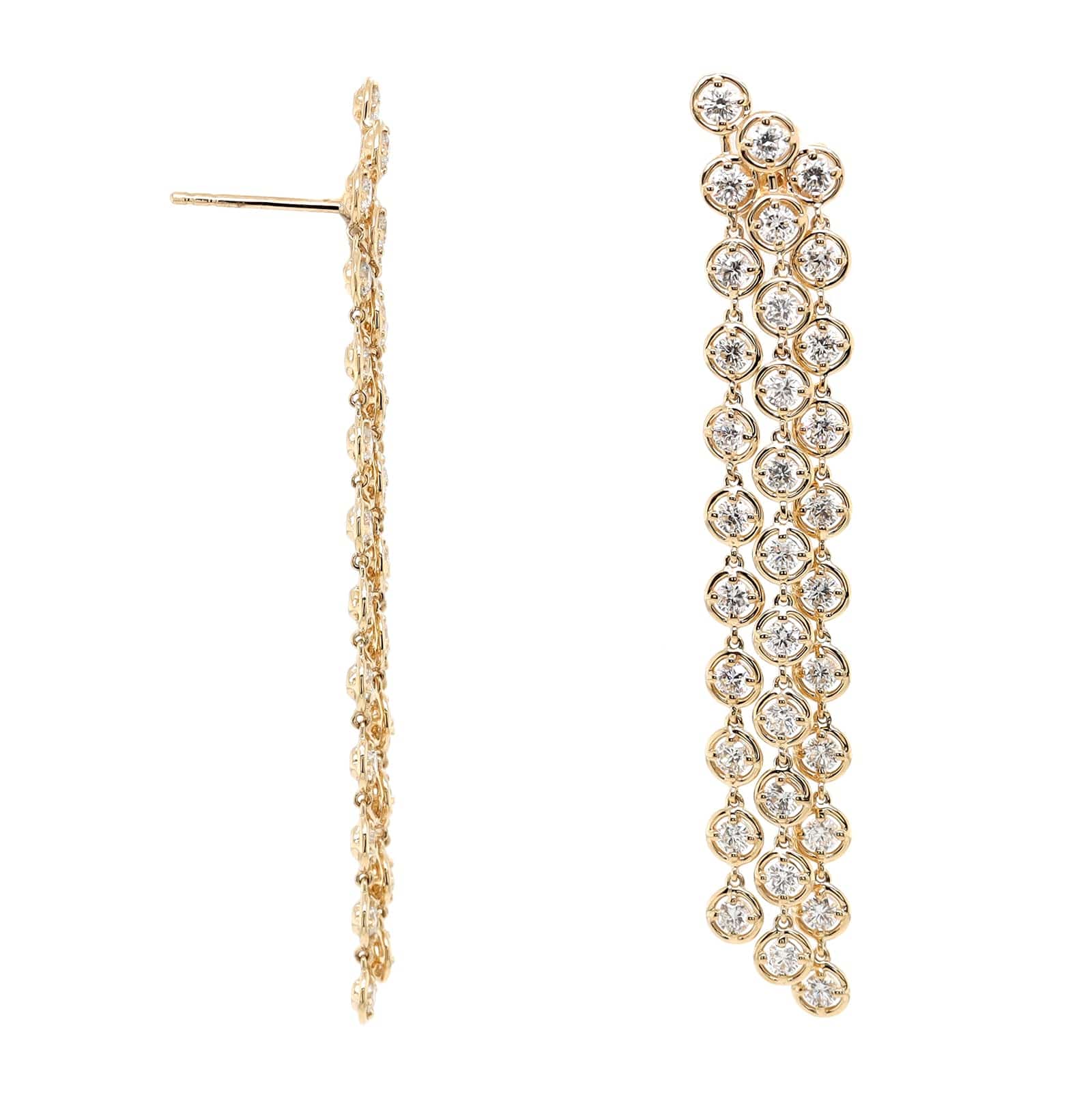 18K Yellow Gold 3 Row Bezel Set Diamond Dangle Earrings - Image 3