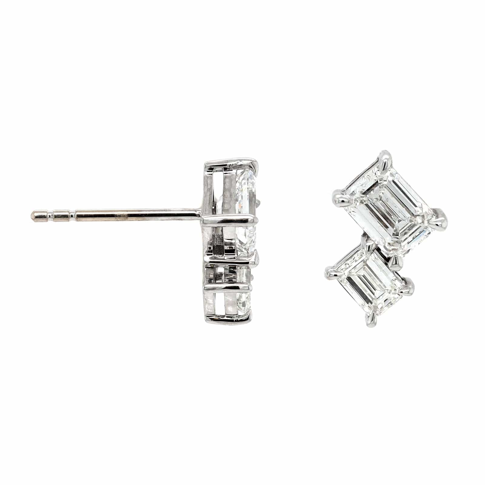 18K White Gold 2 Stone Emerald Cut Diamond Stud Earrings