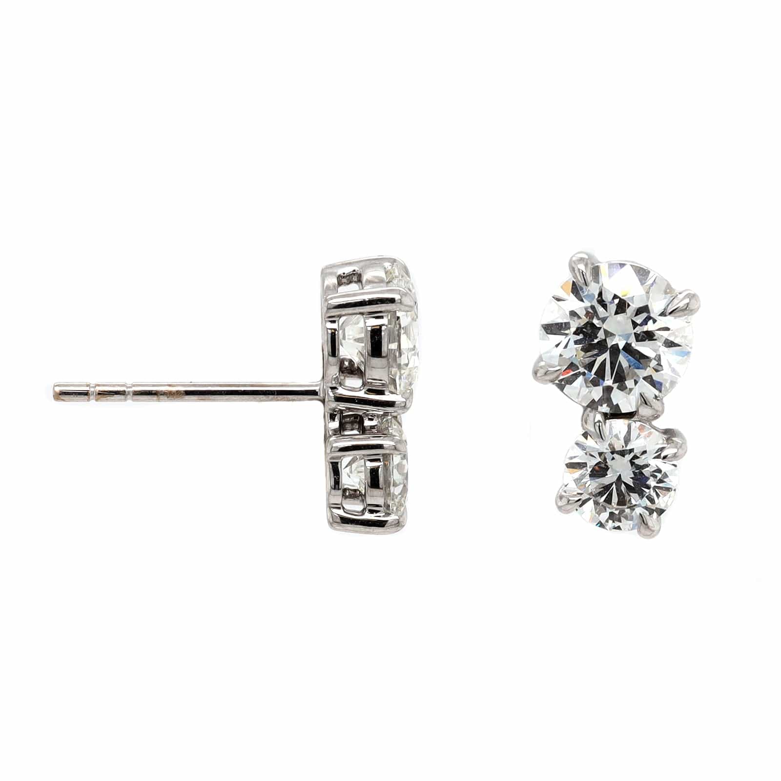18K White Gold 2CTW 2 Stone Round Diamond Stud Earrings