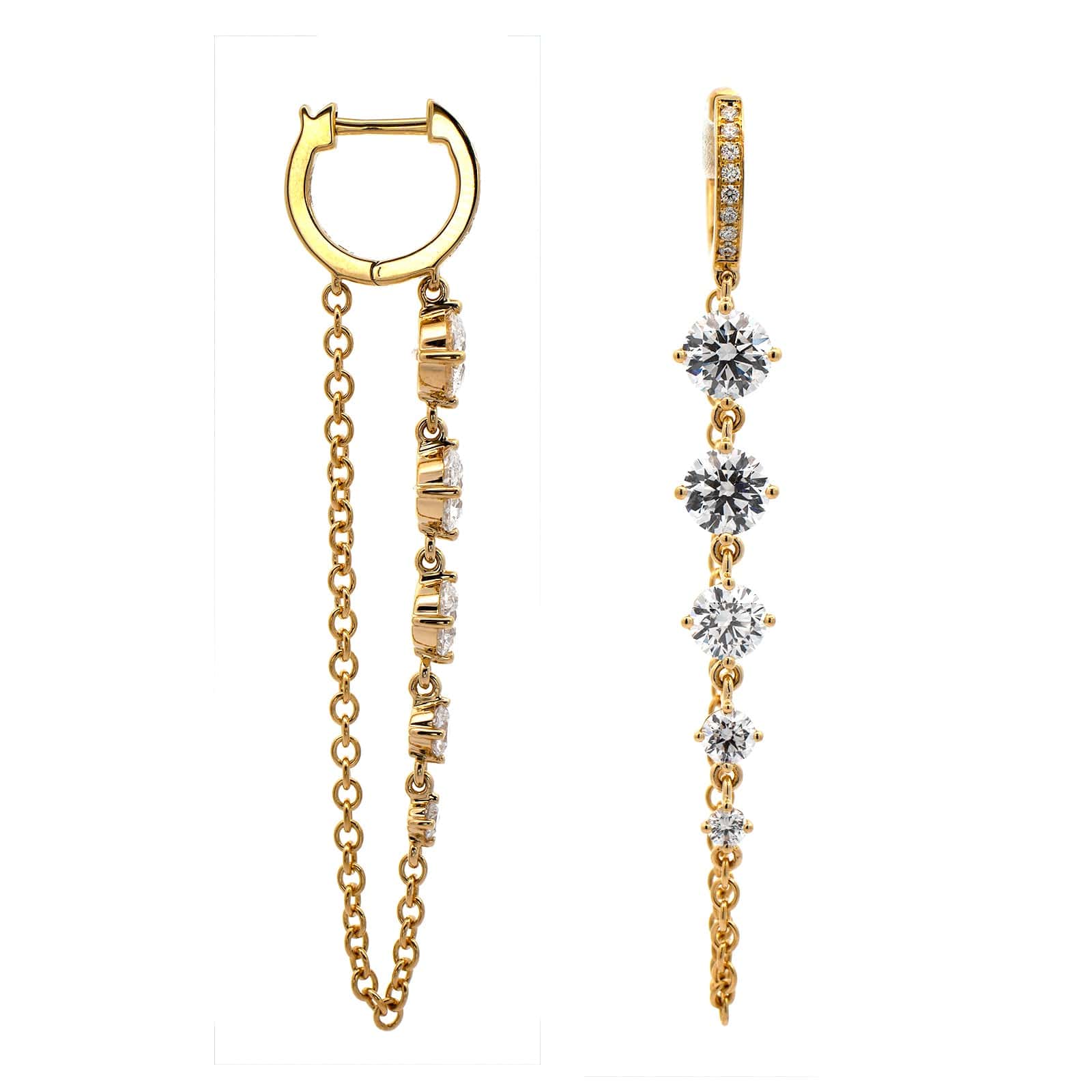 18K Yellow Gold Diamond Huggie Chain Earrings - Image 3
