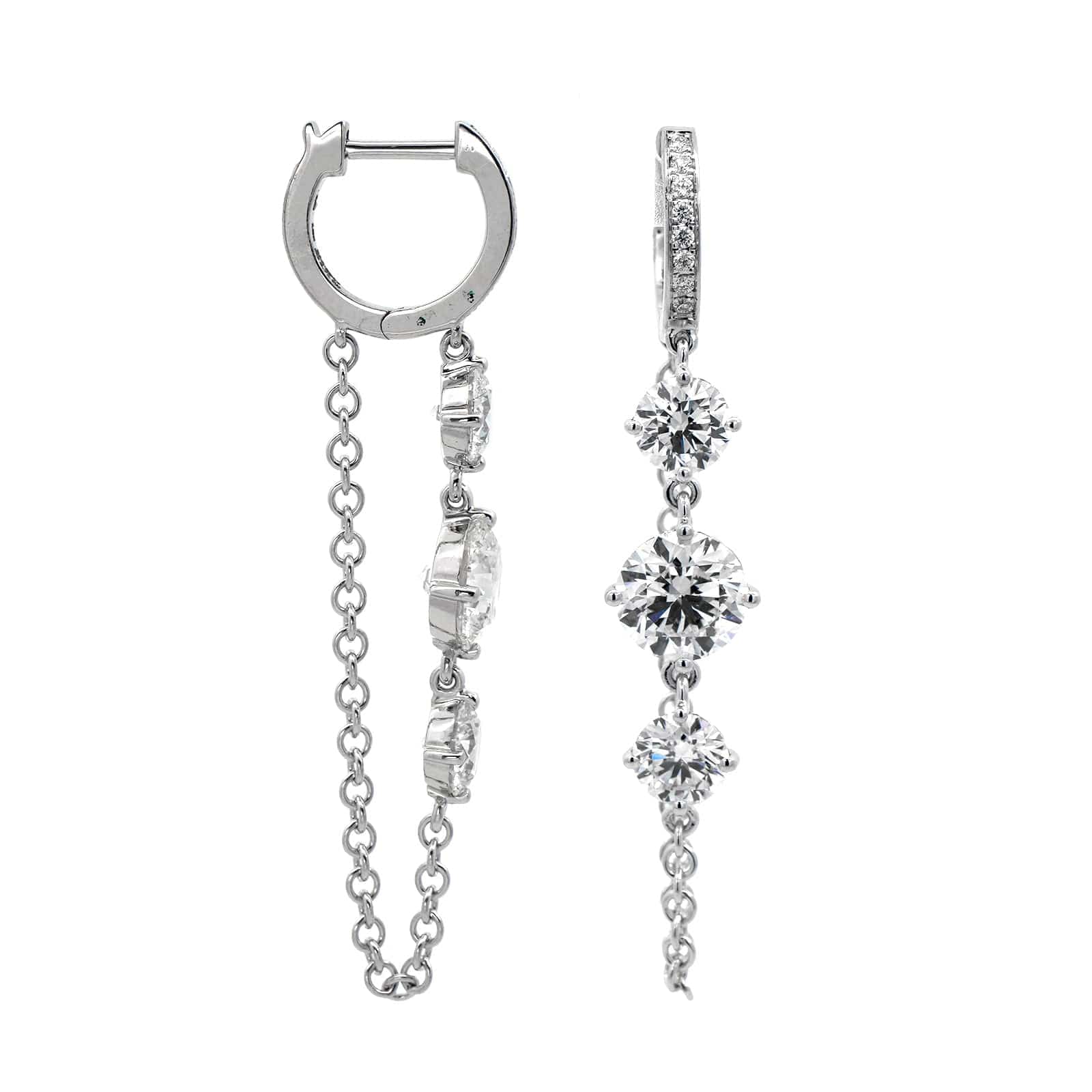 18K White Gold Round Diamond Huggie Chain Earrings - Image 3