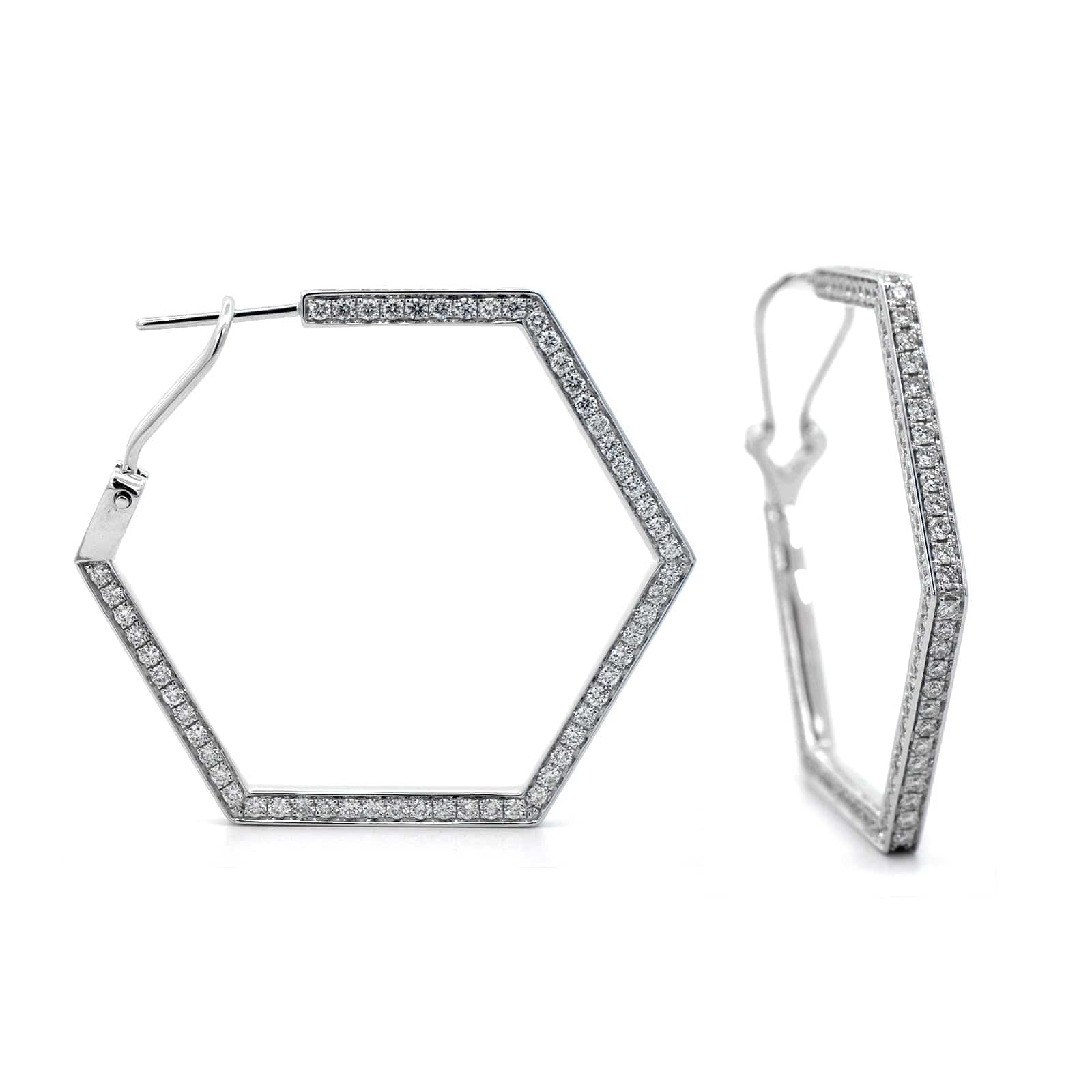 18K White Gold Hexagonal Diamond Hoop Earrings