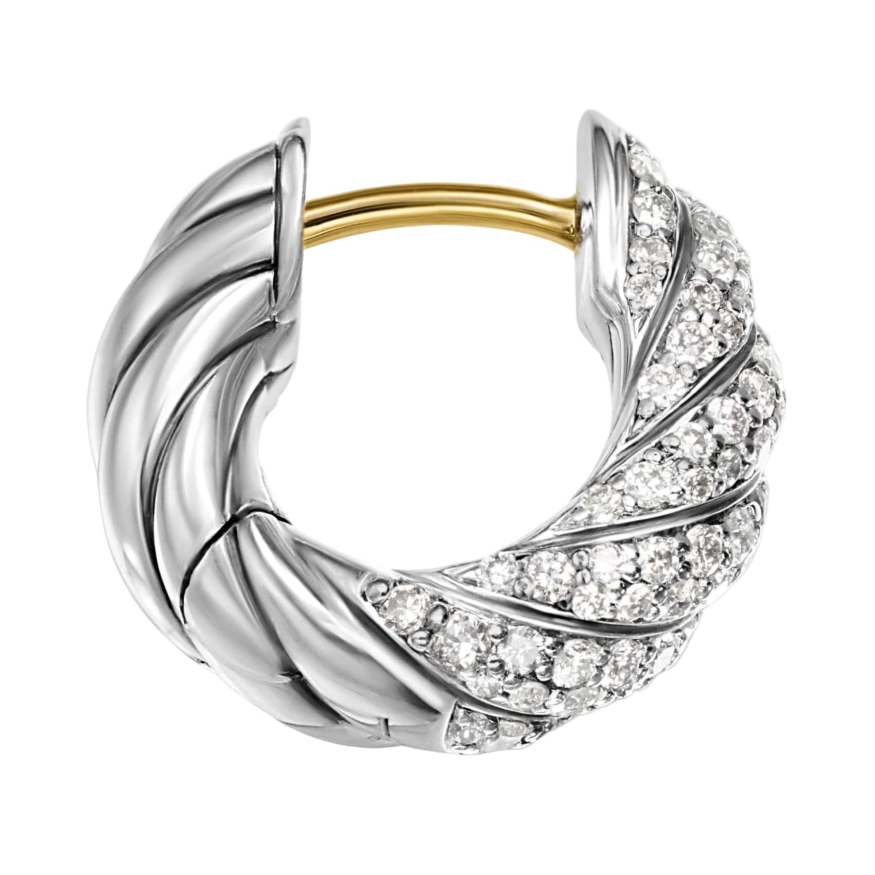 Sculpted Cable Hoop Earrings Sterling Silver with Diamonds, 14.4mm - Image 2