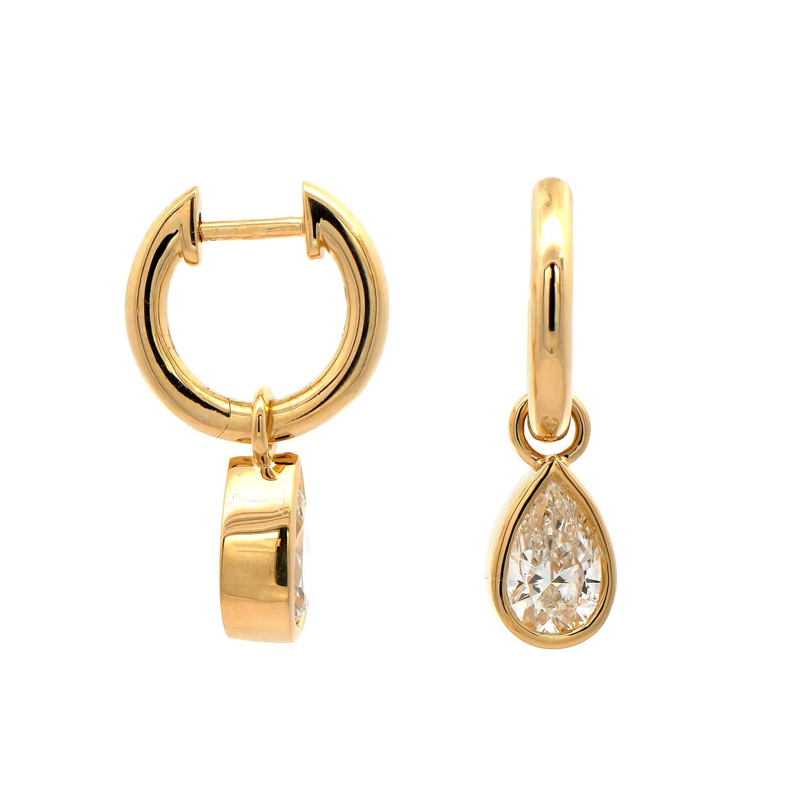 18K Yellow Gold Bezel Set Pear Shaped Diamond Huggie Earrings - Image 3
